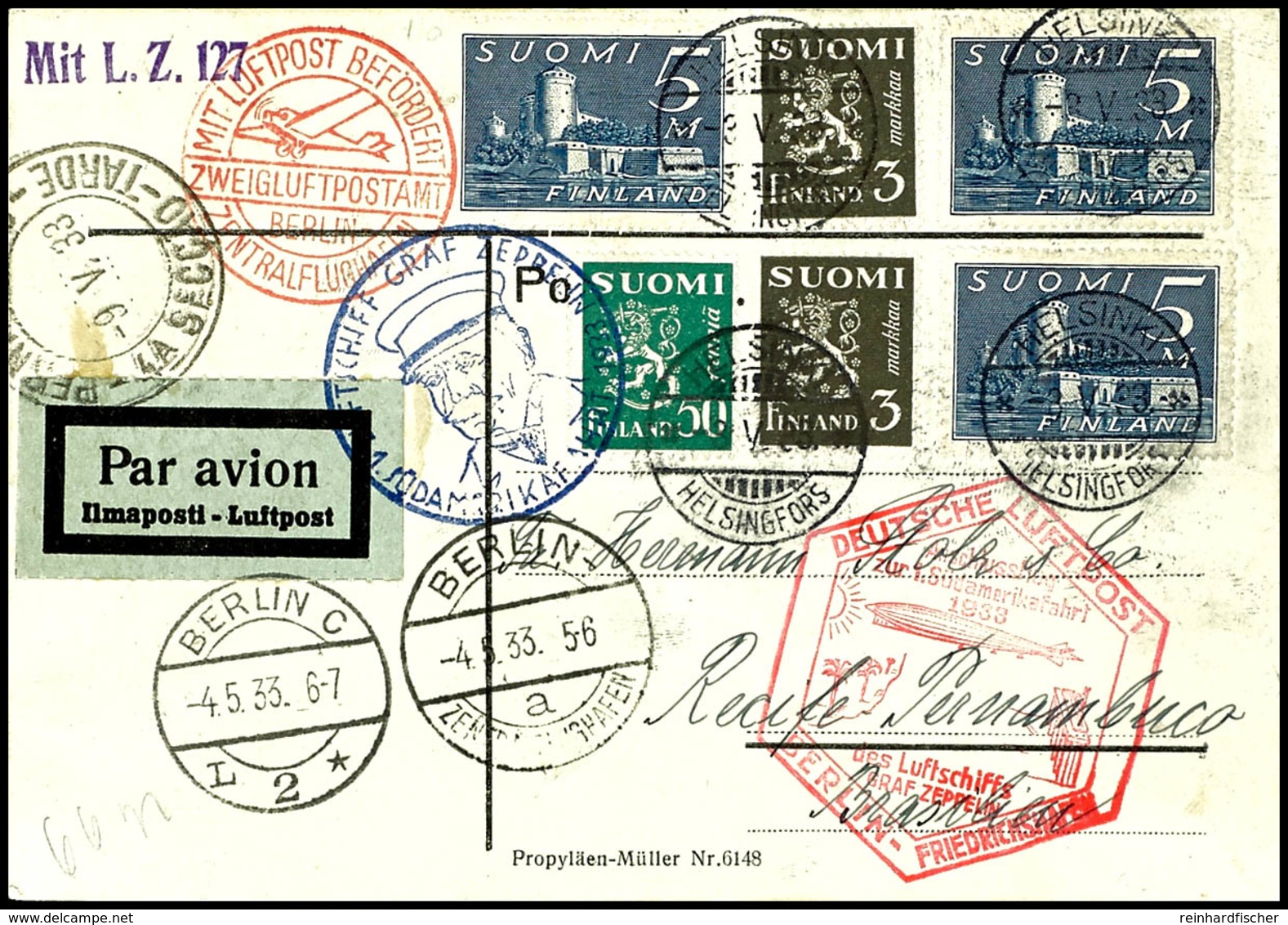 Finnland: 1933, 1. Südamerikafahrt Mit Anschlussflug Berlin, Karte Aus HELSINGORS 3.V. Mit Hoher Frankatur Nach Recife M - Other & Unclassified