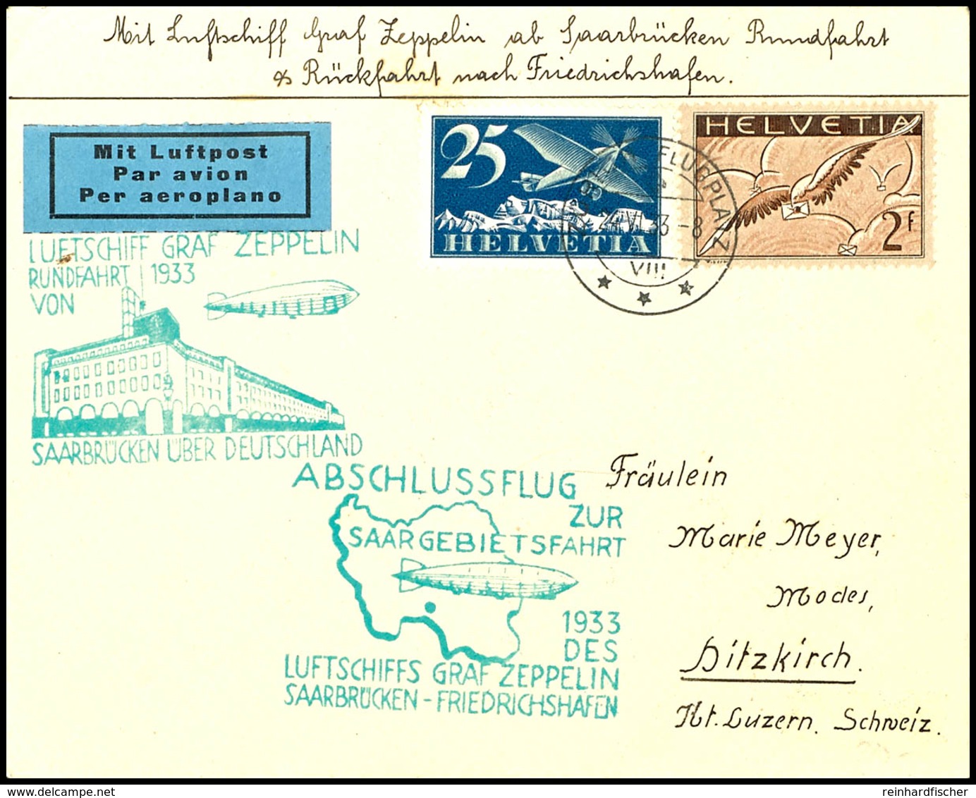 Schweiz: 1933, Saargebietsfahrt, Brief Aus ZÜRICH FLUGPLATZ 24.VI. Mit Flugpostfrankatur Und Beiden Sonderbestätigungsst - Andere & Zonder Classificatie