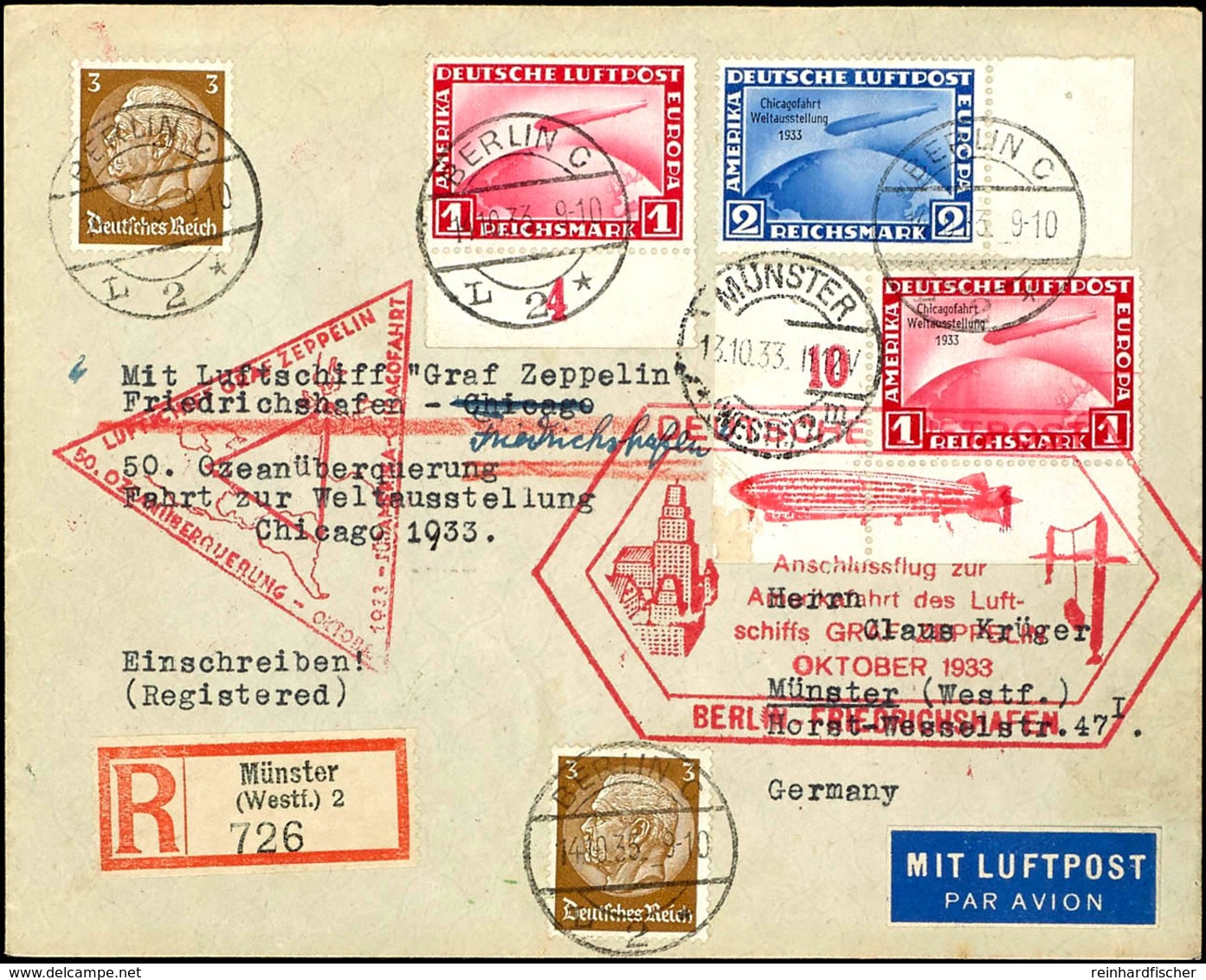 1933, Chicagofahrt, R-Brief Mit Anschlussflug Ab Berlin-Rundfahrt Mit Chicagofahrt, 1 Und 2 Mark Und Zusatzfrankatur Vor - Andere & Zonder Classificatie