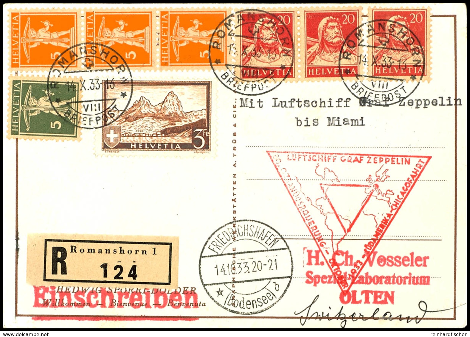 Schweiz: 1933, Chicagofahrt, Auflieferung Friedrichshafen Bis Miami, R-Karte Aus ROMANSHORN 14.X. Mit Bunter Frankatur V - Andere & Zonder Classificatie