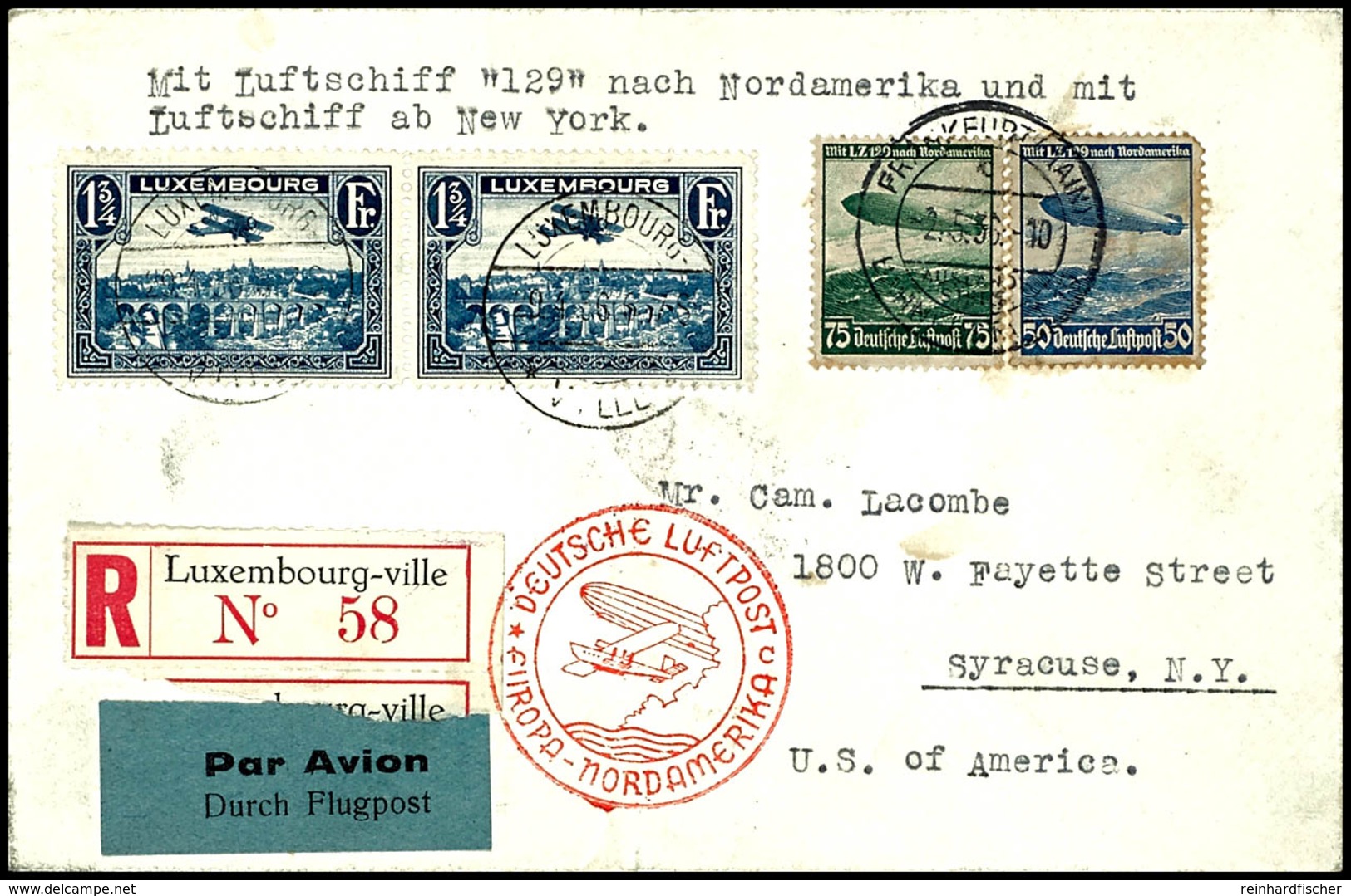 Luxemburg: 1936, 1. Nordamerikafahrt, Auflieferung Frankfurt Mit Bestätigungsstempel "c", R-Brief Aus LUXEMBOURG 29.4. M - Andere & Zonder Classificatie