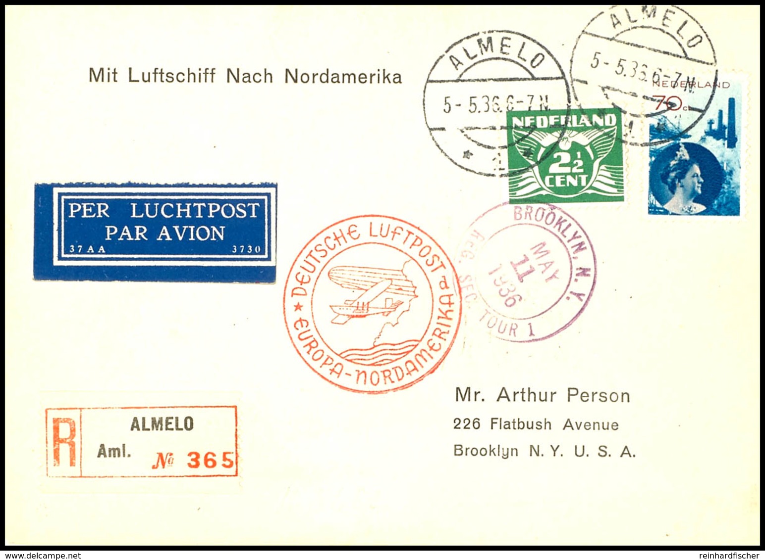 Niederlande: 1936, 1. Nordamerikafahrt, Auflieferung Frankfurt Mit Best.-Stempel "d", R-Karte Aus AMELO 5.5. Mit U.a. 70 - Andere & Zonder Classificatie