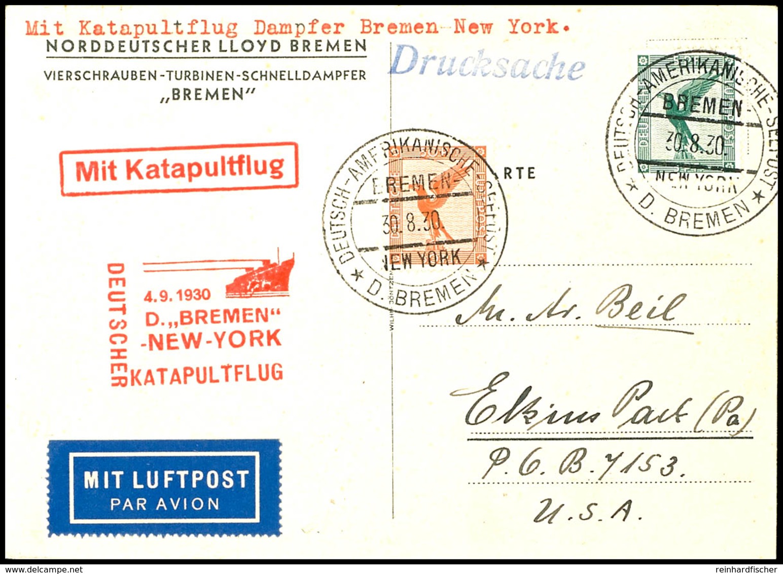 1930, D. Bremen 4.9., Karte Mit Dt. Seepostaufgabe Vom 30.8. Mit Flugpostfrankatur In Die USA, Karte Mit Kleinem Eckbug, - Andere & Zonder Classificatie