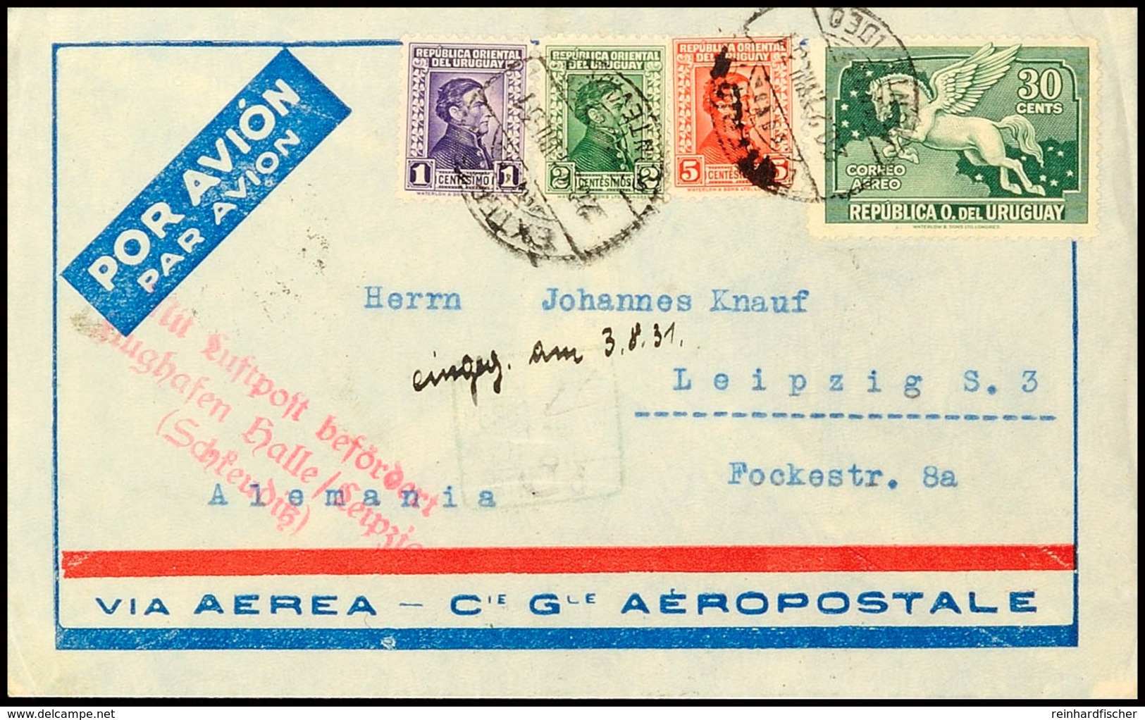 URUGUAY 1931, Luftpostbrief Mit MiNr. 353, 354, 356 U. 430 über Flughafen Halle/Leipzig Nach Leipzig  BF - Andere & Zonder Classificatie