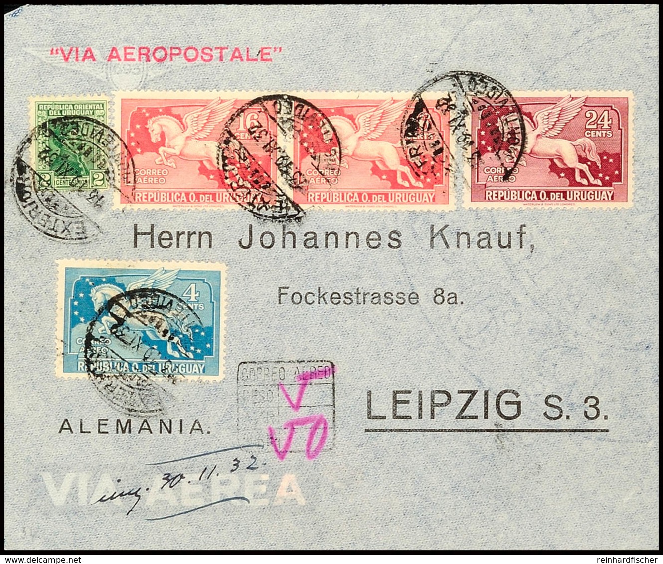 URUGUAY 1932, Luftpostbrief Mit MiNr. 354, 392, 423 U. 428 (2) über Paris Nach Leipzig  BF - Andere & Zonder Classificatie