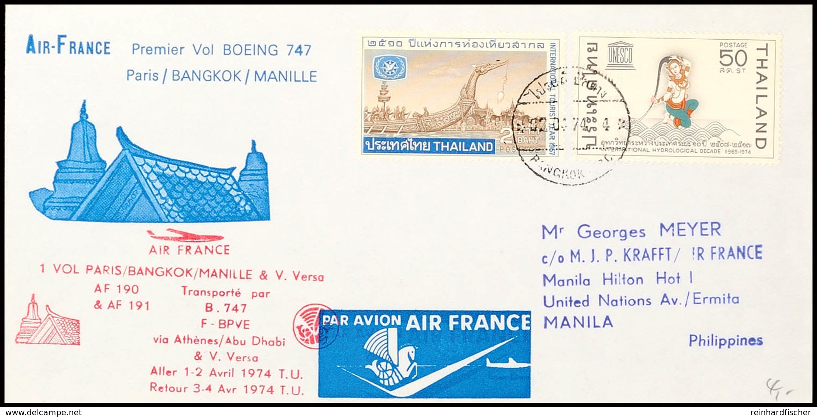THAILAND 1974, Air-France Erstflug Paris-BANGKOK-MANILA  BF - Andere & Zonder Classificatie
