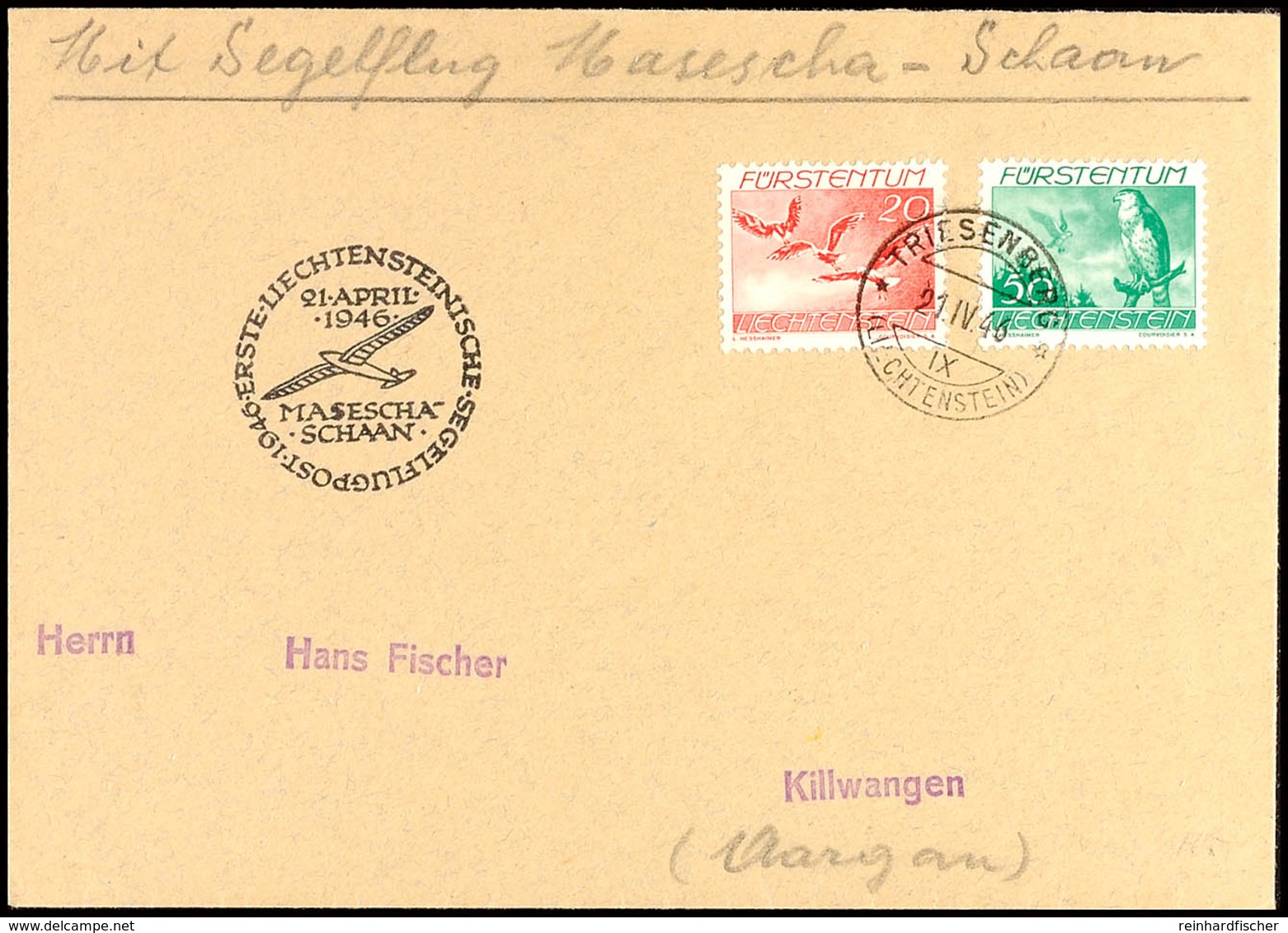 LIECHTENSTEIN 1946, Segelflug-Brief "ERSTE LICHTENSTEINISCHE SEGELFLUGPOST 1946 MASESCHA-SCHAAN" Mit 20 U. 50 Rp. Flugpo - Andere & Zonder Classificatie