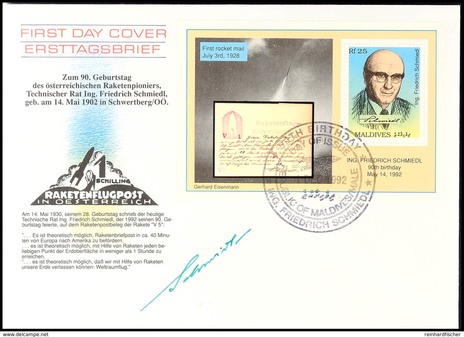 1992, Eigenhändige Original-Unterschrift Des Erfinders Der Raketenpost "Friedrich Schmiedl" Auf FDC-Umschlag Malediven B - Andere & Zonder Classificatie