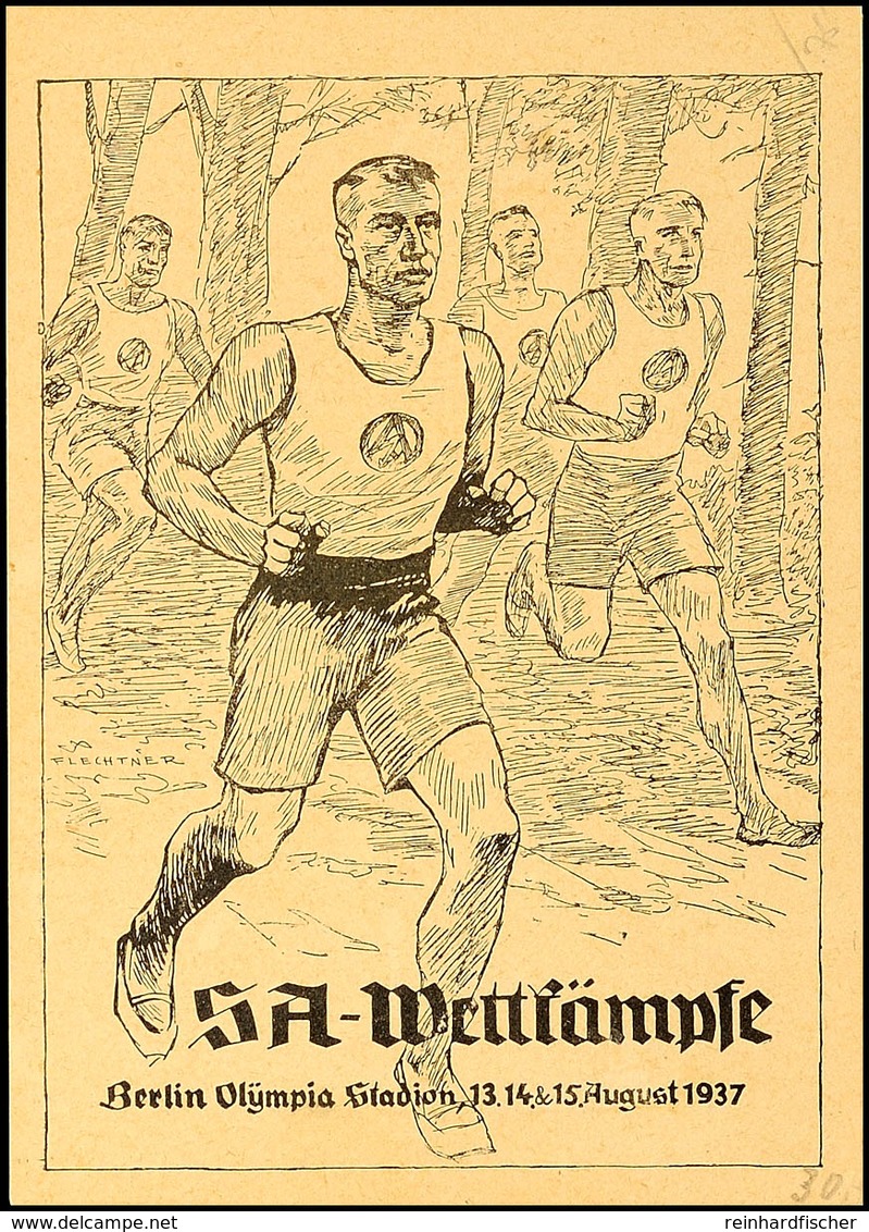 1937, "SA-Wettkämpfe Berlin Olympia Stadion..." Postkarte Nr. 5, Frankiert Mit 6 Pf. Hitler-Blockmarke, SST, Blanko, Re. - Andere & Zonder Classificatie