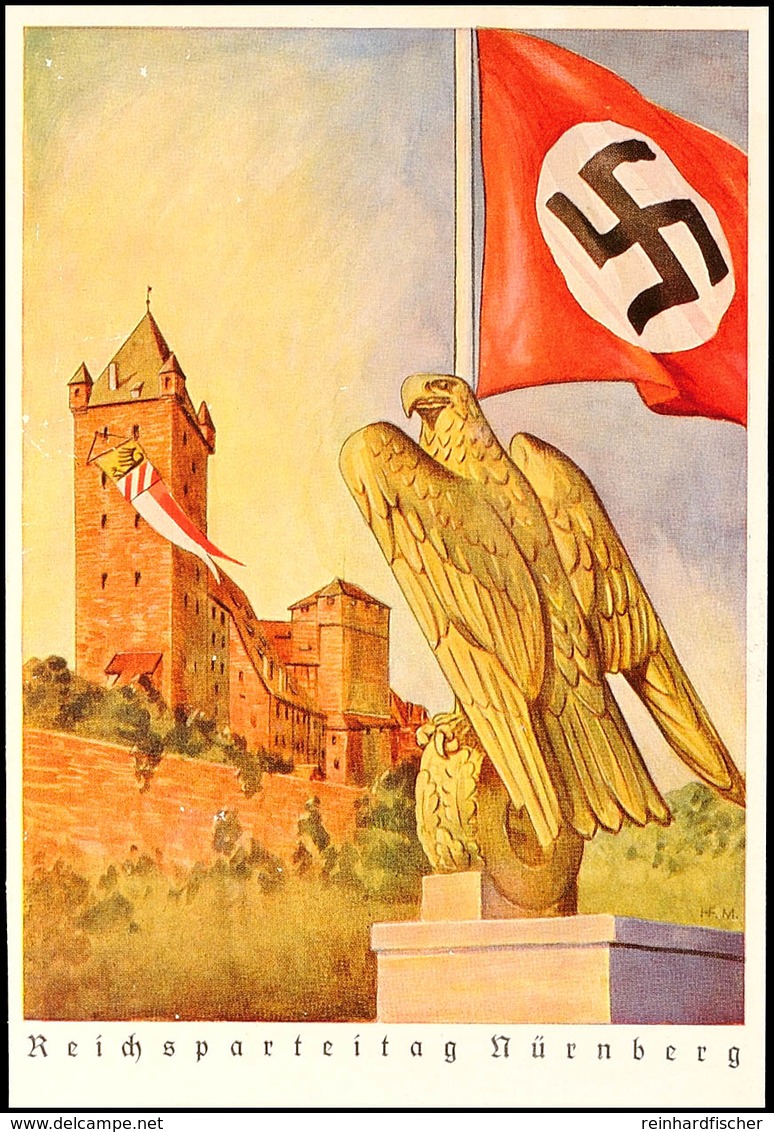 Späte Reichsparteitagskarte Mit Adler, Fahne Vor Burg, Nicht Mehr Verausgabt, Seltenes Motiv  BF - Other & Unclassified