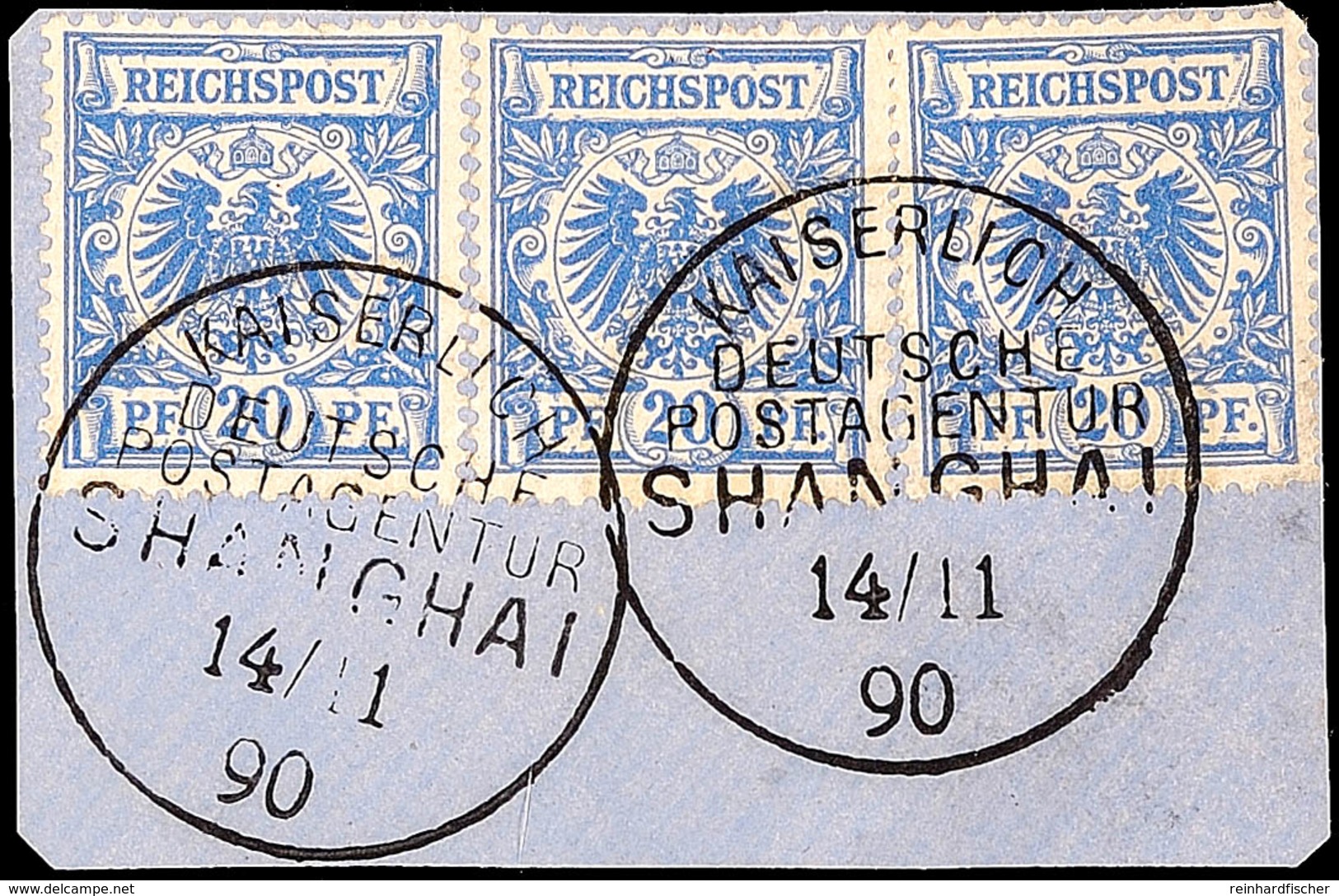 20 Pfg Krone/Adler Ultramarin, 3x Als Streifen Geklebt Auf Pracht-Briefstück Mit Stempel KDPAG SHANGHAI 14.11.90, 1 Wert - China (kantoren)