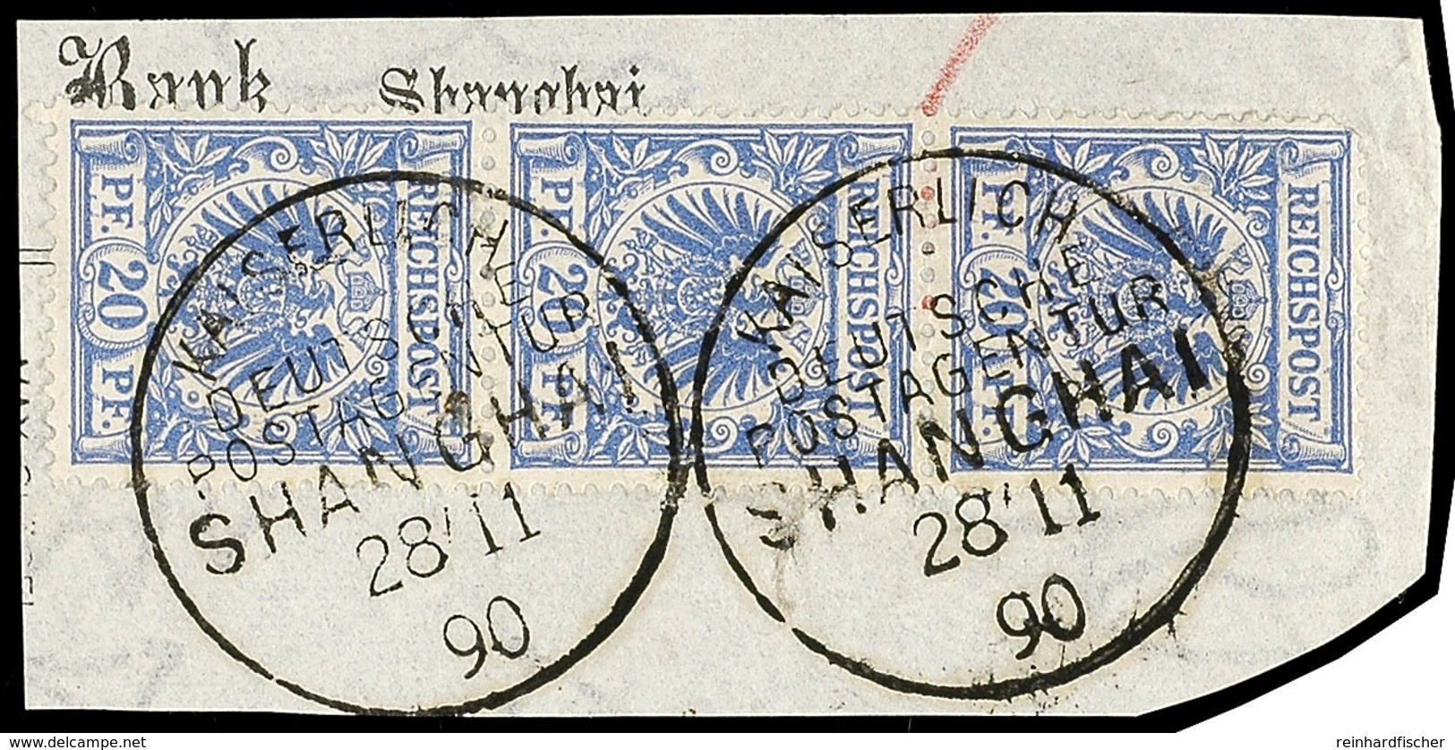 20 Pf. Krone/Adler Ultramarin Im Senkrechten 3er-Streifen (obere Marke Eckrund) Auf Pracht-Briefstück Aus Dem Bedarf Mit - China (kantoren)