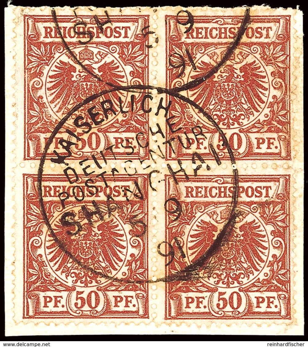 50 Pfg Krone/Adler Braunrot Im Viererblock Auf Bedarfs-Briefstück Mit K1 "KDPAG SHANGHAI 5.9.91", Marke Oben Rechts Mit  - China (kantoren)