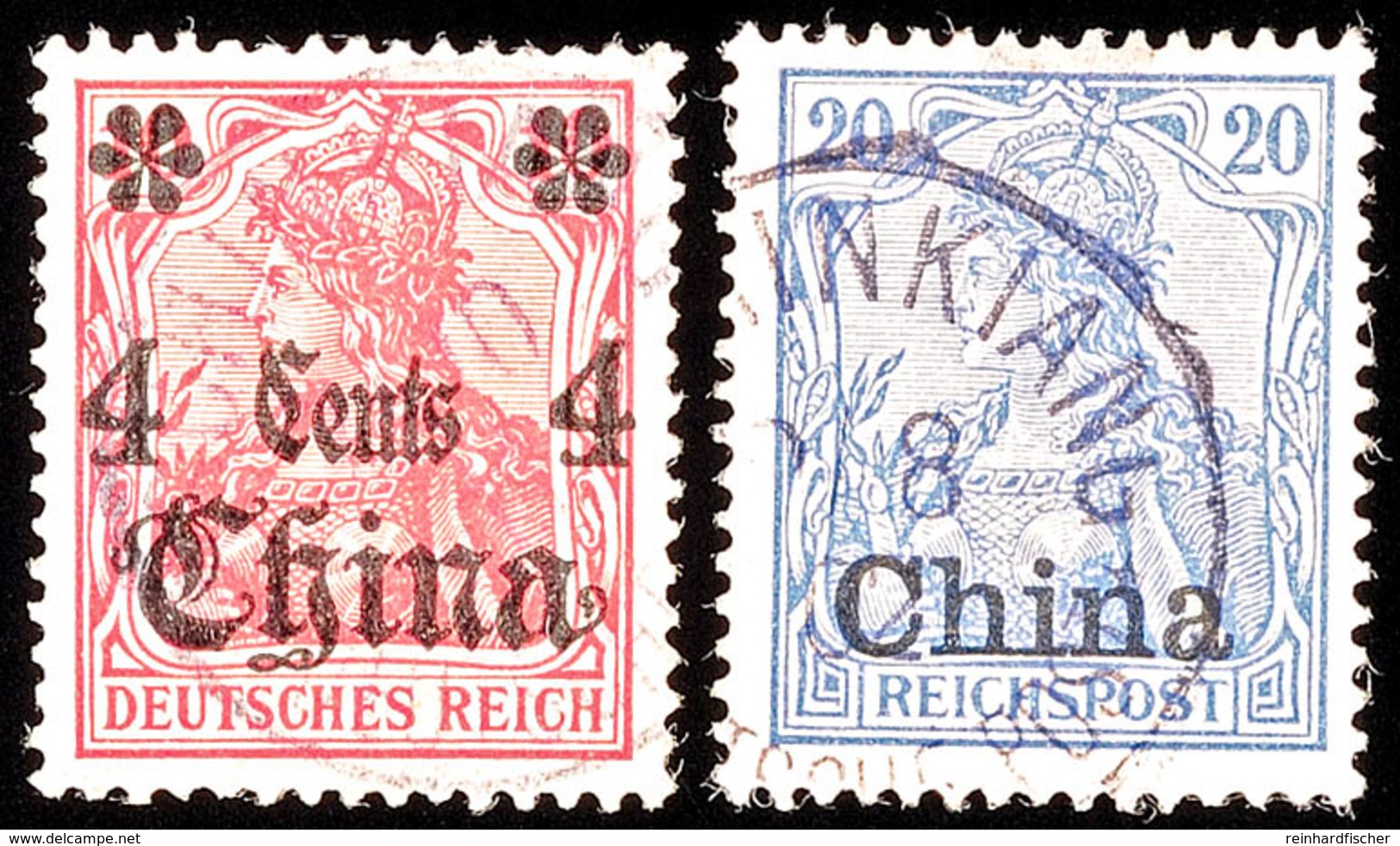 TSCHINKIANG 13 8 02 Und 2 10 11, Je Teilstempel Auf 20 Pf. Reichspost Bzw. 4 C. Auf Germania 10 Pf. Mit Wz., Katalog: 18 - China (offices)