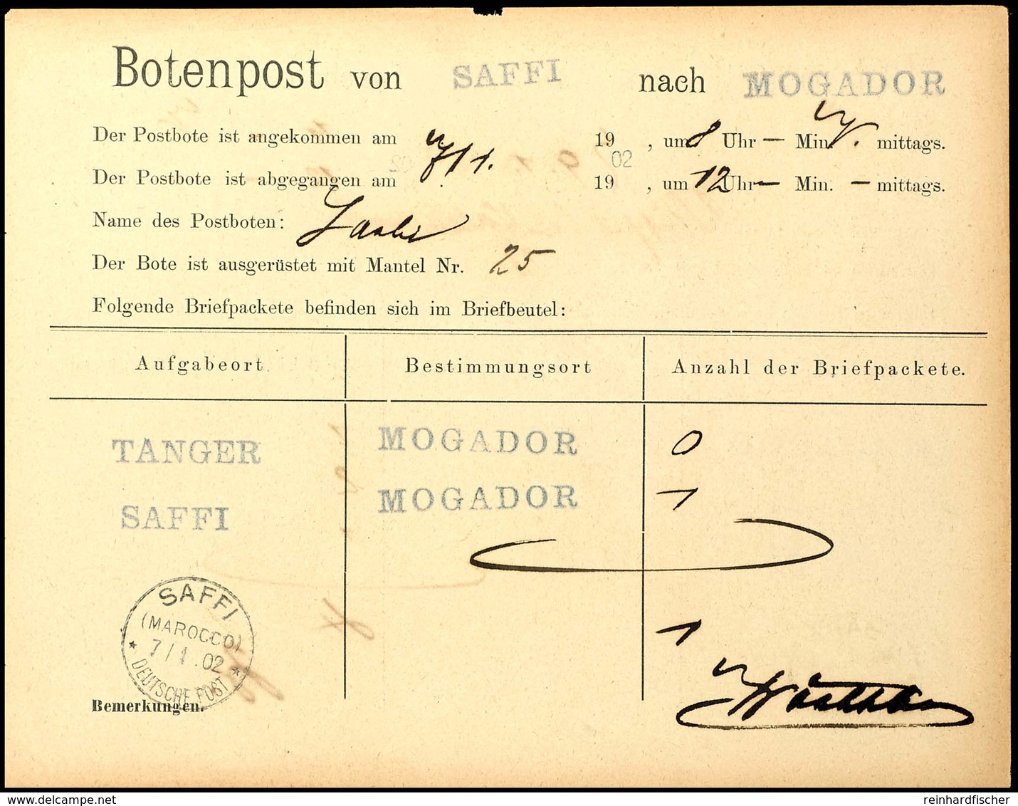 1902, Botenpost-Formular (2seitig) Von SAFFI  Nach MOGADOR Und SAFFI Nach MAZAGAN - Marokko (kantoren)