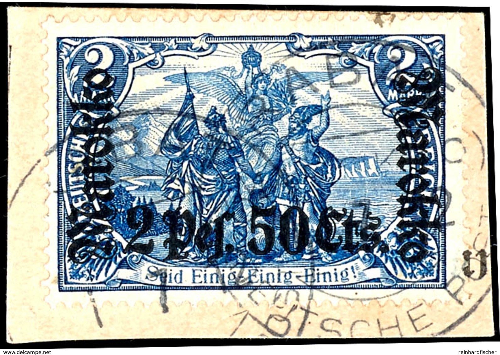 2 Pes. 50 Cts. Auf 2 Mark, Tadelloser Paketkartenabschnitt, Stempel "RABATT", Michel/Arge 80,-, Katalog: 56IA BS - Marokko (kantoren)