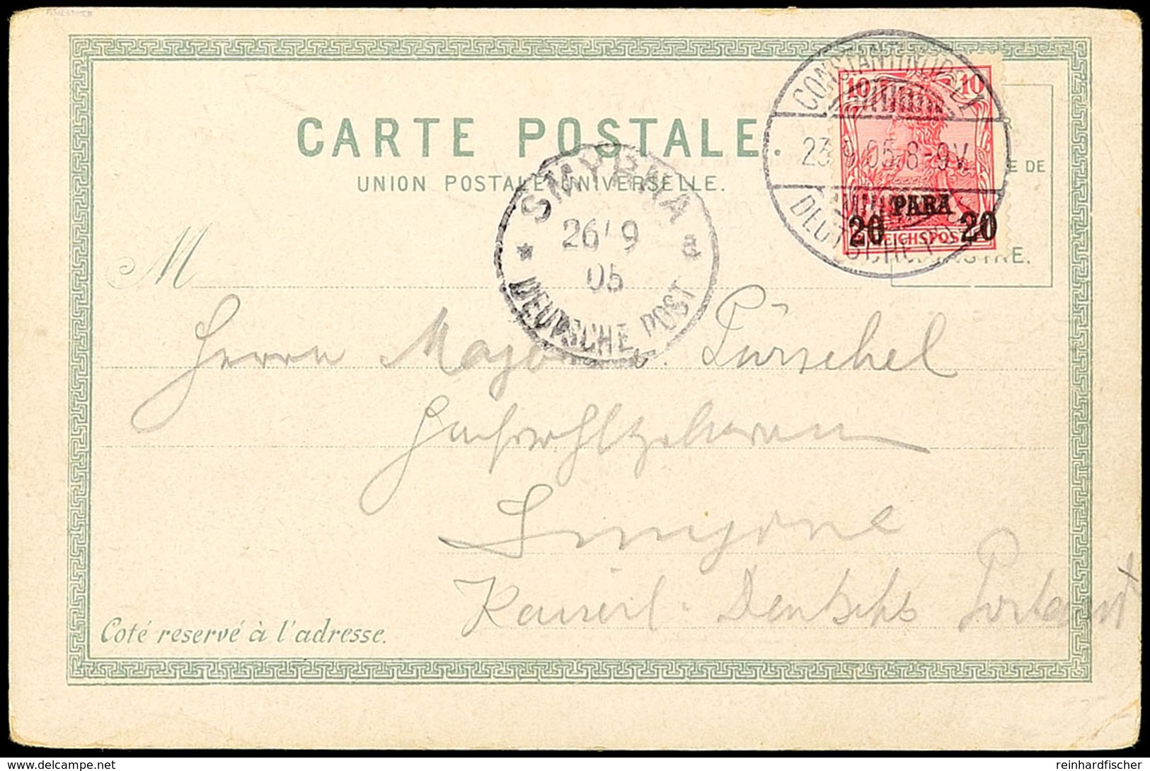 20 Para Auf 10 Pf. Reichspost, Aufdruck Type II, Portorichtige Einzelfrankatur Auf Ansichtskarte Von CONSTANTINOPEL 1 23 - Turkse Rijk (kantoren)