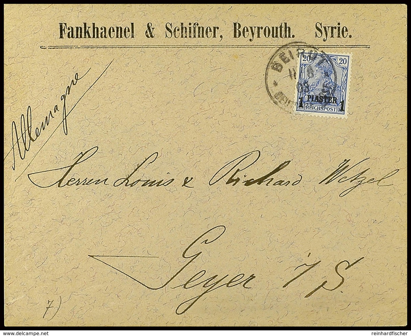 1 Piaster Auf 20 Pfg Reichspost, Aufdrucktype II, Einzelfrankatur Auf Bedarfs-Firmenbrief Aus BEIRUT DP 11.6.03 Nach Deu - Turkey (offices)