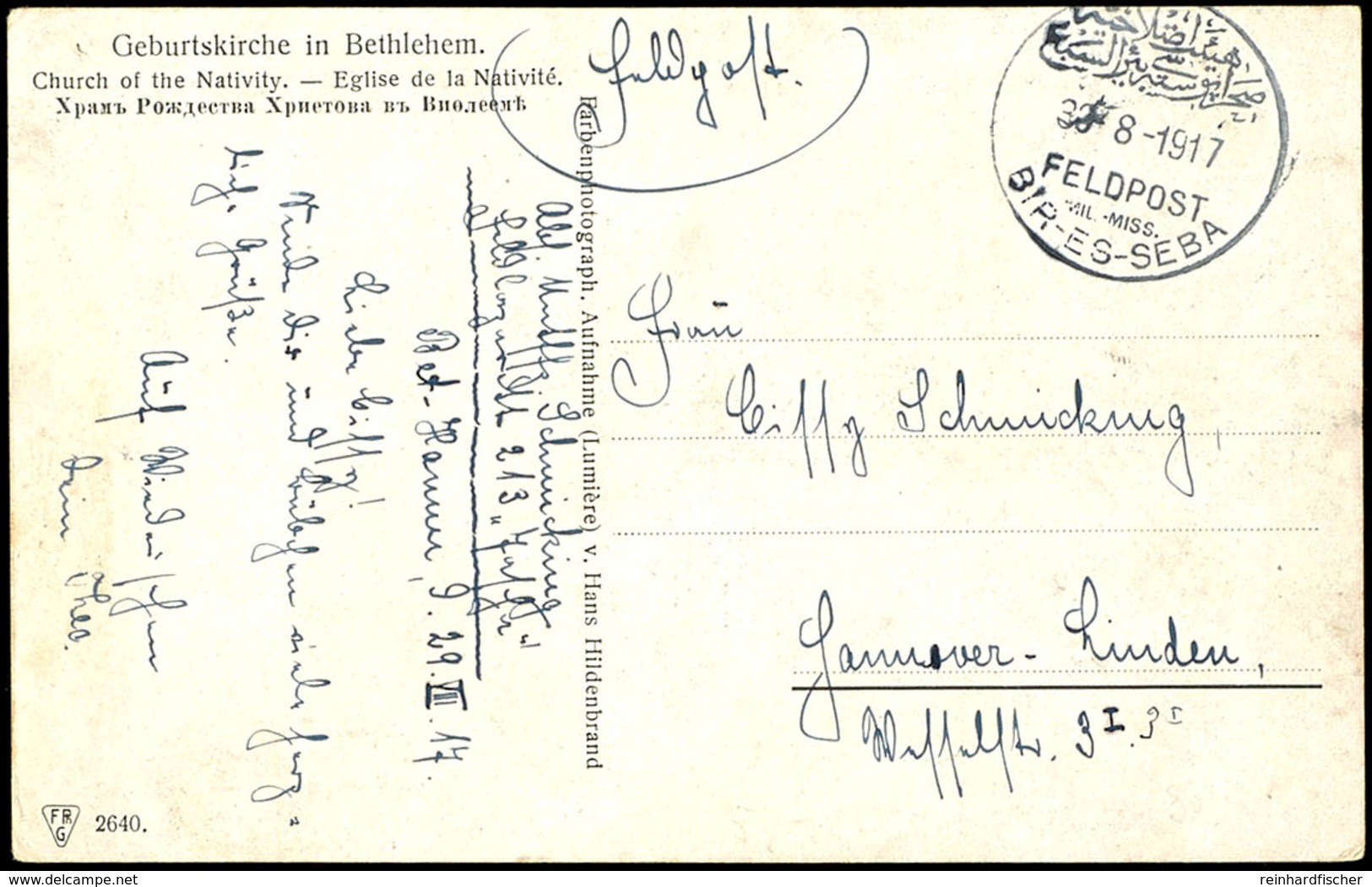 "BIR-ES-SEBA 30.8.1917" Auf Ansichtskarte "Geburtskirche In Betlehem" Nach Hannover, Gute Erhaltung  BF - Turkey (offices)