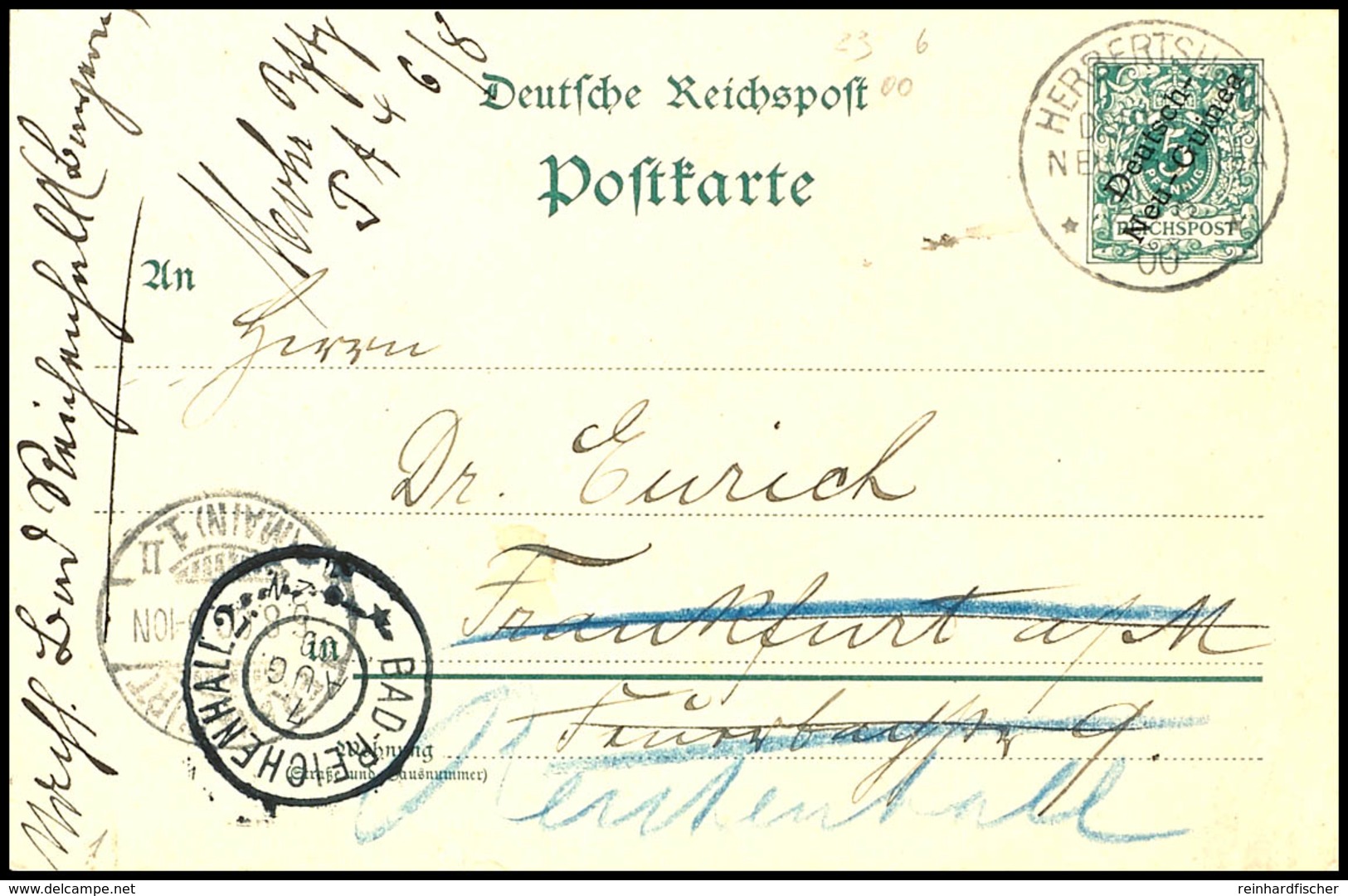 1900, Ganzsachenkarte 5 Pfg Krone/Adler Mit Aufdruck, Stempel HERBERTSHÖHE DNG 23 6 00 Nach Frankfurt/M Und Von Dort Wei - Andere & Zonder Classificatie