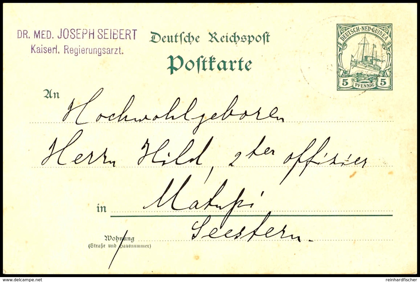 1905, (ca.), Ganzsachenkarte 5 Pfg Kaiseryacht Mit Vorderseitigem Absenderstempel "DR. MED. JOSEPH SEIBERT / KAISERL. RE - Other & Unclassified