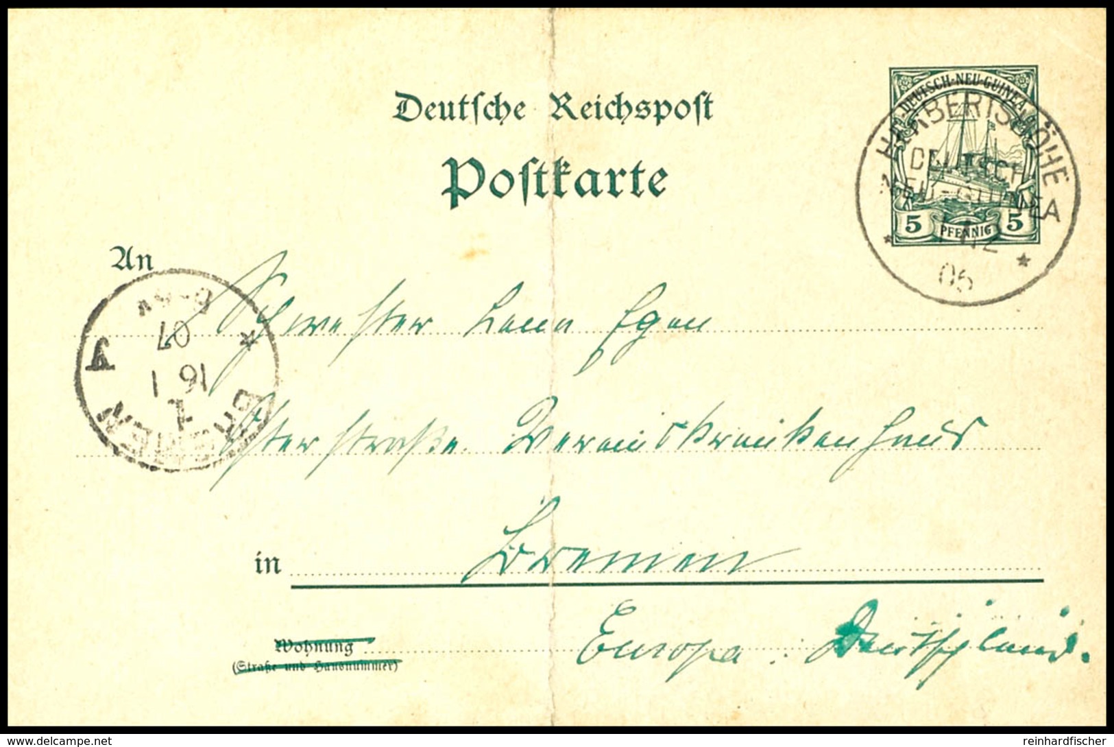 1907, Ganzsachenkarte 5 Pfg Kaiseryacht , Stempel HERBERTSHÖHE DNG 1/12 07 Nach Bremen. Der Absender Bedankt Sich Für Ei - Other & Unclassified