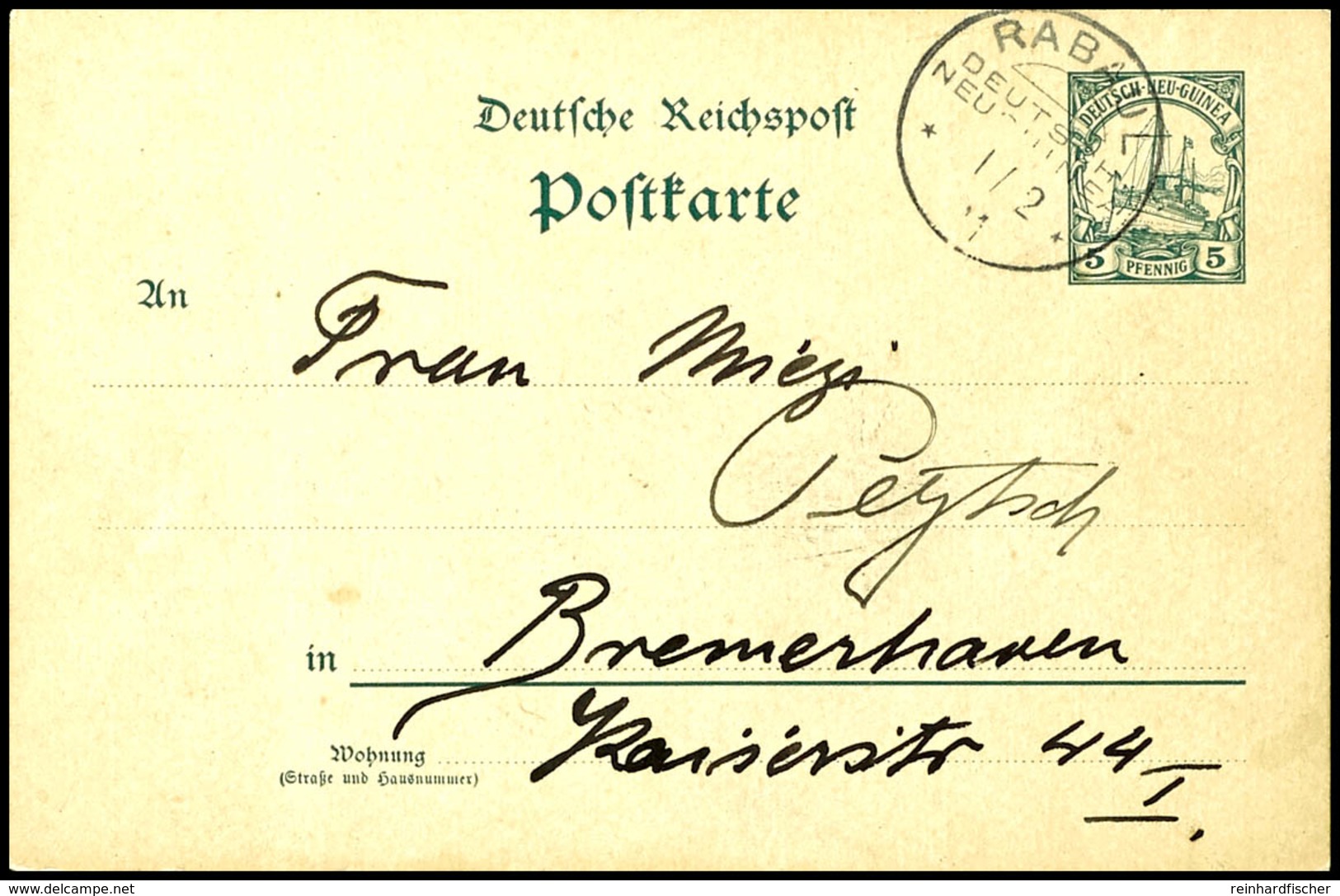 1911, Ganzsachenkarte 5 Pfg Kaiseryacht, Stempel RABAUL DNG 1/12 11, Nach Bremerhaven. Absender: Richard Peytsch, 2. Off - Andere & Zonder Classificatie