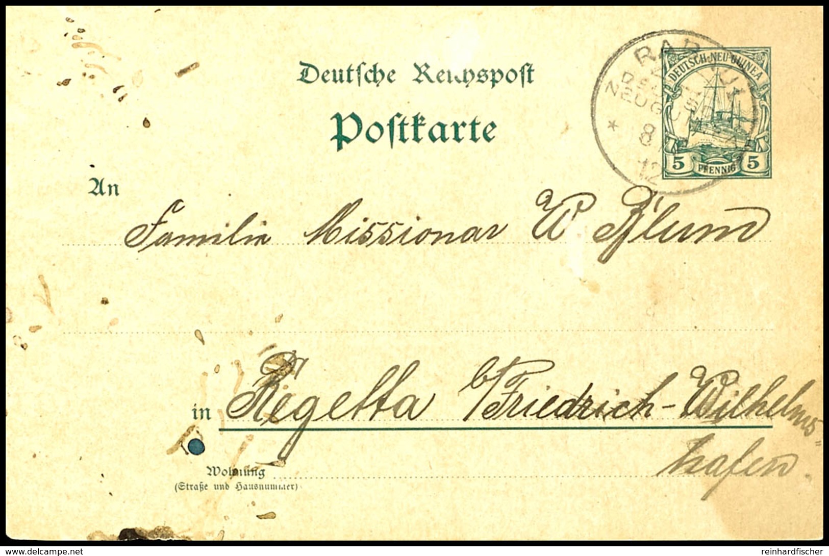 1912, Postkarte 10 Pfg Kaiseryacht, Stempel RABAUL DNG 8/7 12, Nach Regetta Bei Friedrich-Wilhelmshafen. Absender: Eugen - Andere & Zonder Classificatie