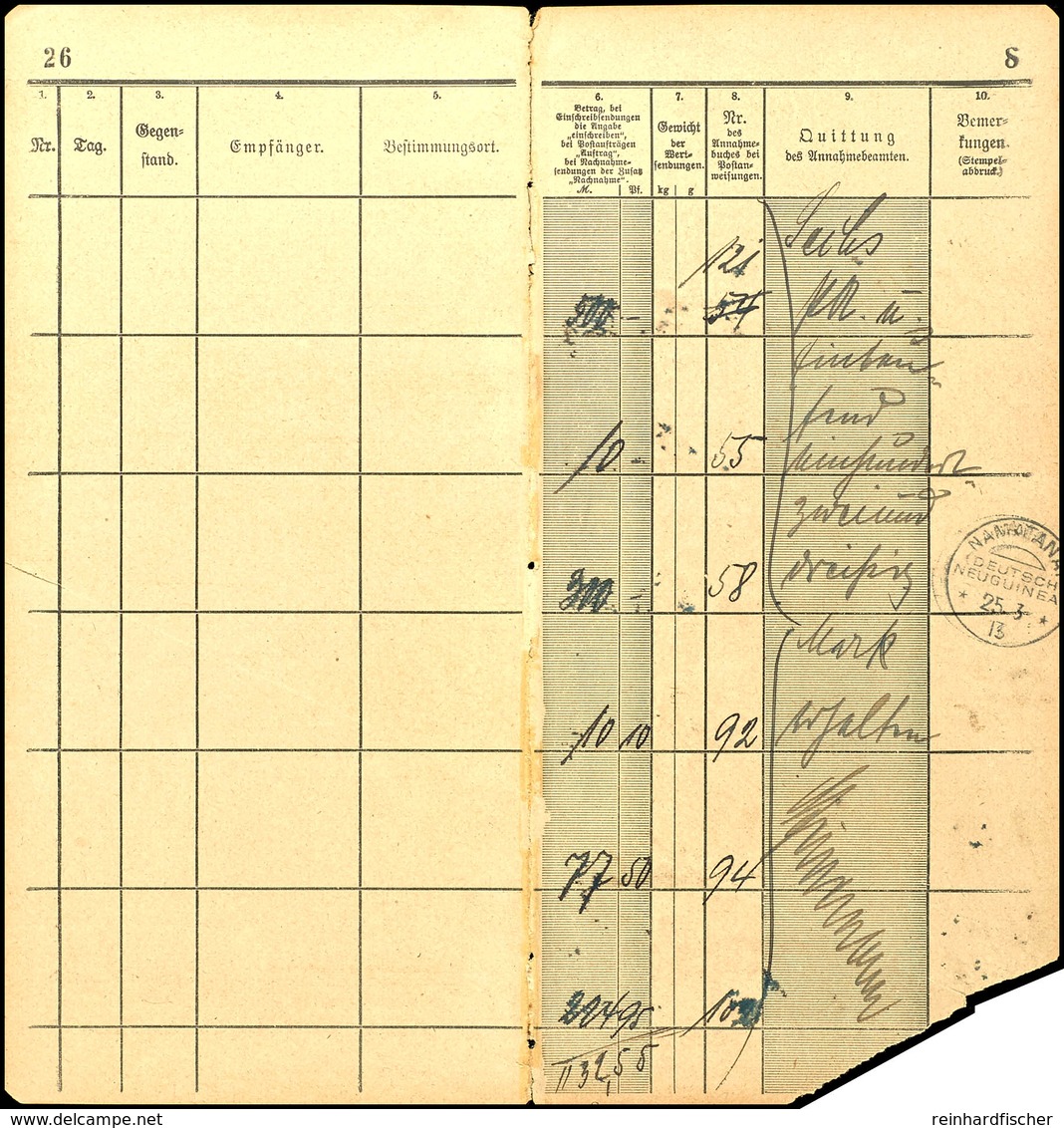 1913 - 1914, Einige Seiten Eines Posteinlieferungsbuches (25.3.13, 21.10.13 Und 9.4.14) Mit Auflistung Von Abgesandten P - Andere & Zonder Classificatie