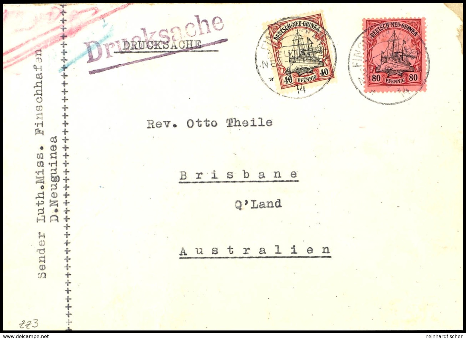 1914, Fälschung Finschhafen: 40 Pfg Und 80 Pfg Auf Gefälschter Drucksachen-Adresse, Stempel FINSCHHAFEN DNG 8/3 14. Die  - Andere & Zonder Classificatie