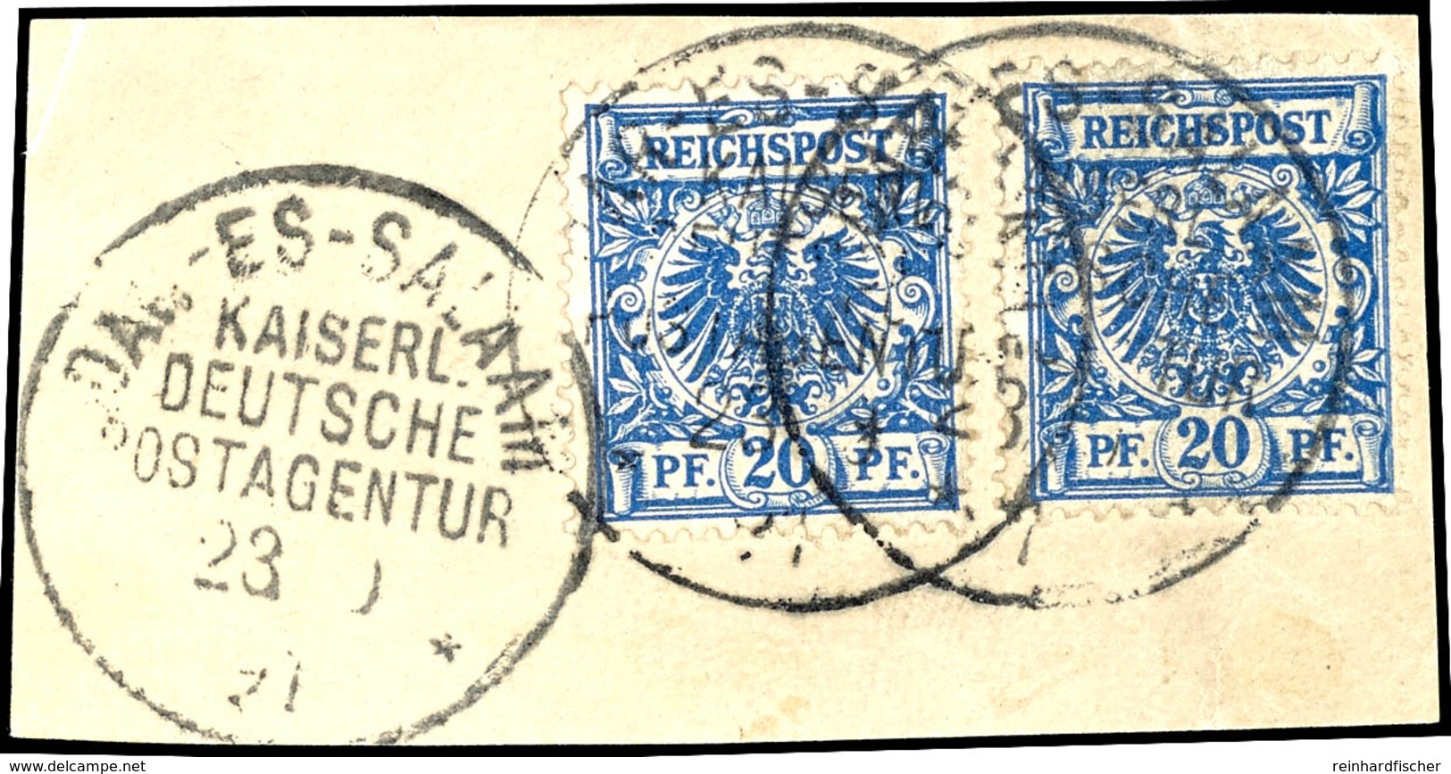 20 Pfennig Blau, Tadelloses Briefstück Mit 2 Exemplaren, Stempel "DAR-ES-SALAAM KAISERL. DEUTSCHE POSTAGENTUR", Gepr Ste - German East Africa