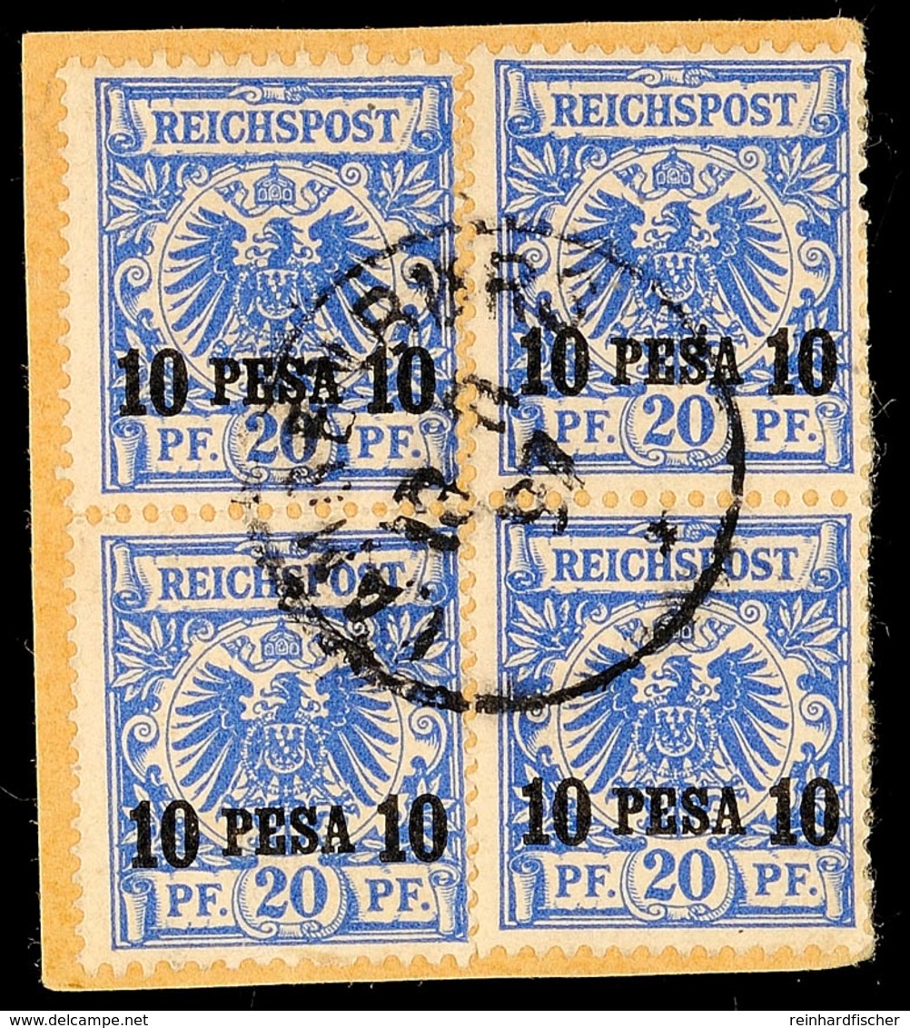10 Pesa Auf 20 Pf. Krone/Adler, 2 Senkrechte Paare Als 4er-Block Geklebt Auf Briefstück (mittig Waager. Gefaltet), Zentr - German East Africa