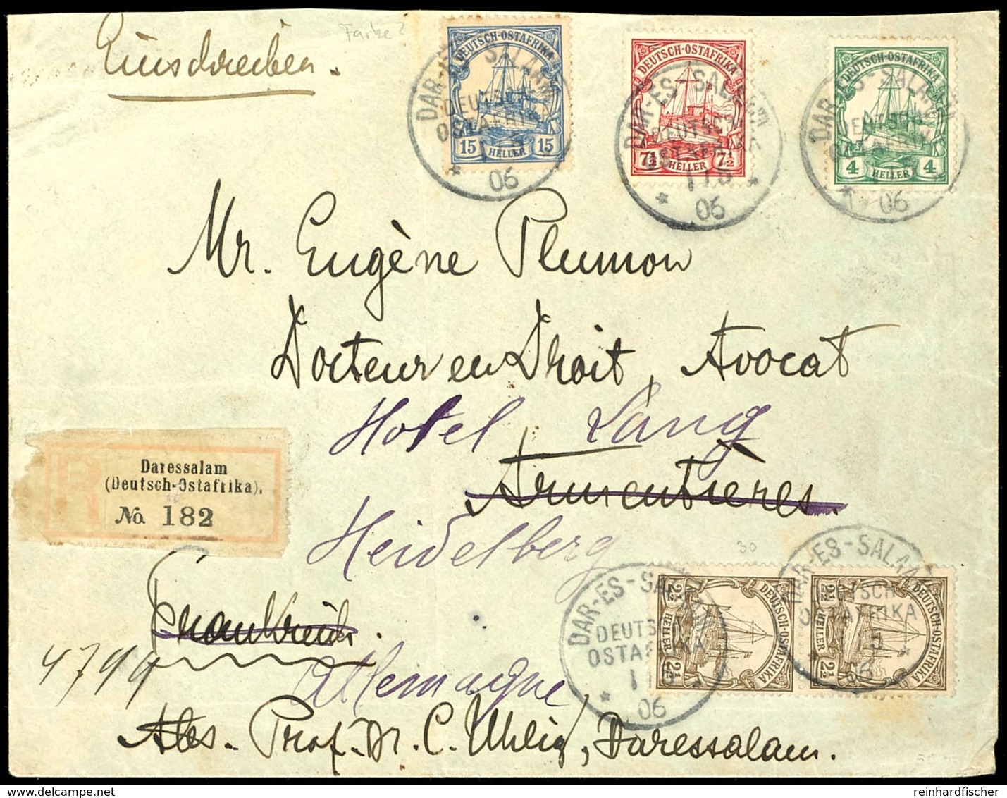 4, 7½ , 15 Heller Schiffszeichnung O.Wz. Und Paar 2½ H. Mit Wz. Auf R-Brief (Gebrauchsspuren, Gefaltet) Von DAR-ES-SALAA - German East Africa