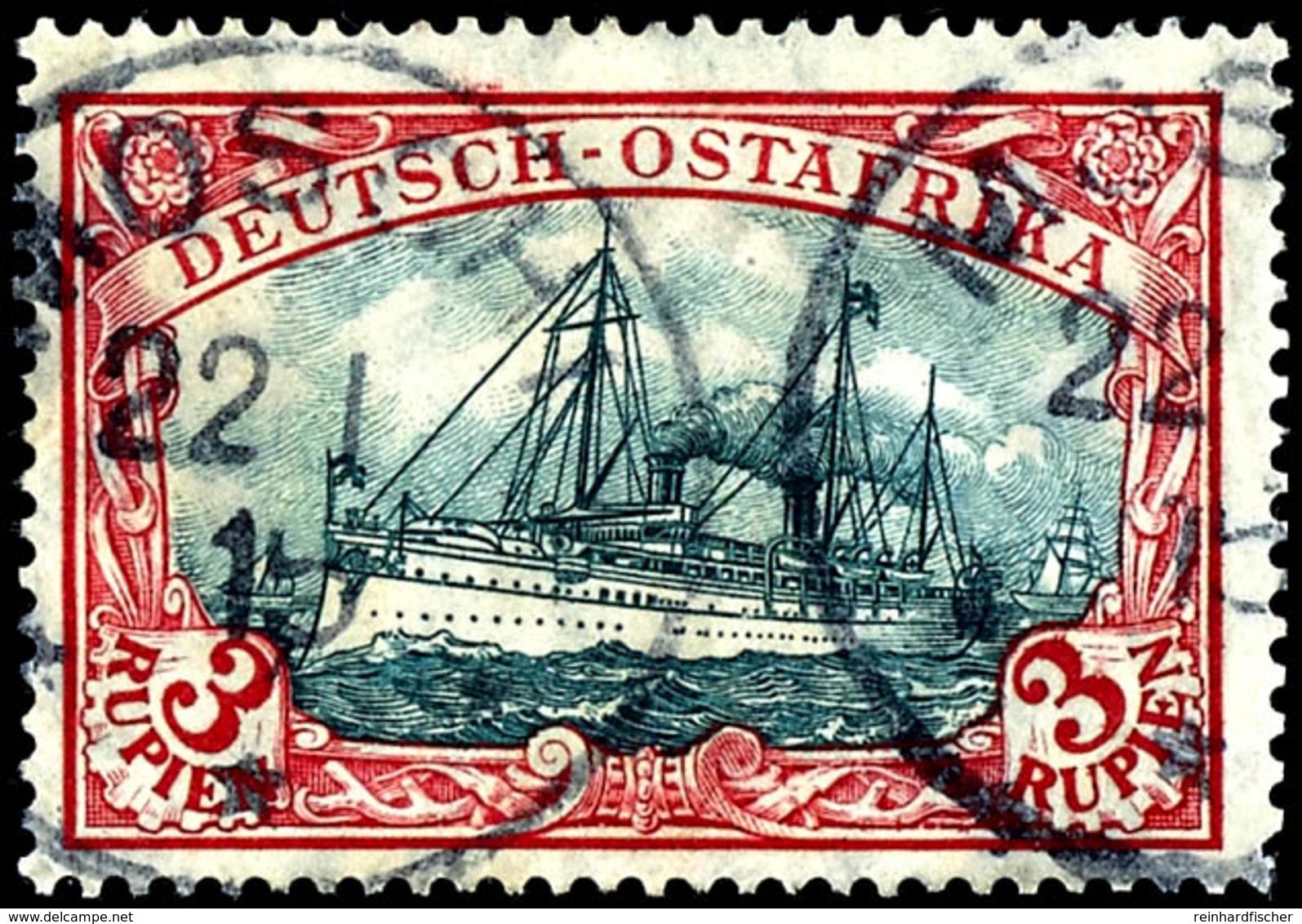 3 Rupien Kaiseryacht, Tadellose Erhaltung, Kriegsstempel "MOSCHI", Aushilfsjahreszahl 15, Michel 300,- ++, Katalog: 39I  - German East Africa