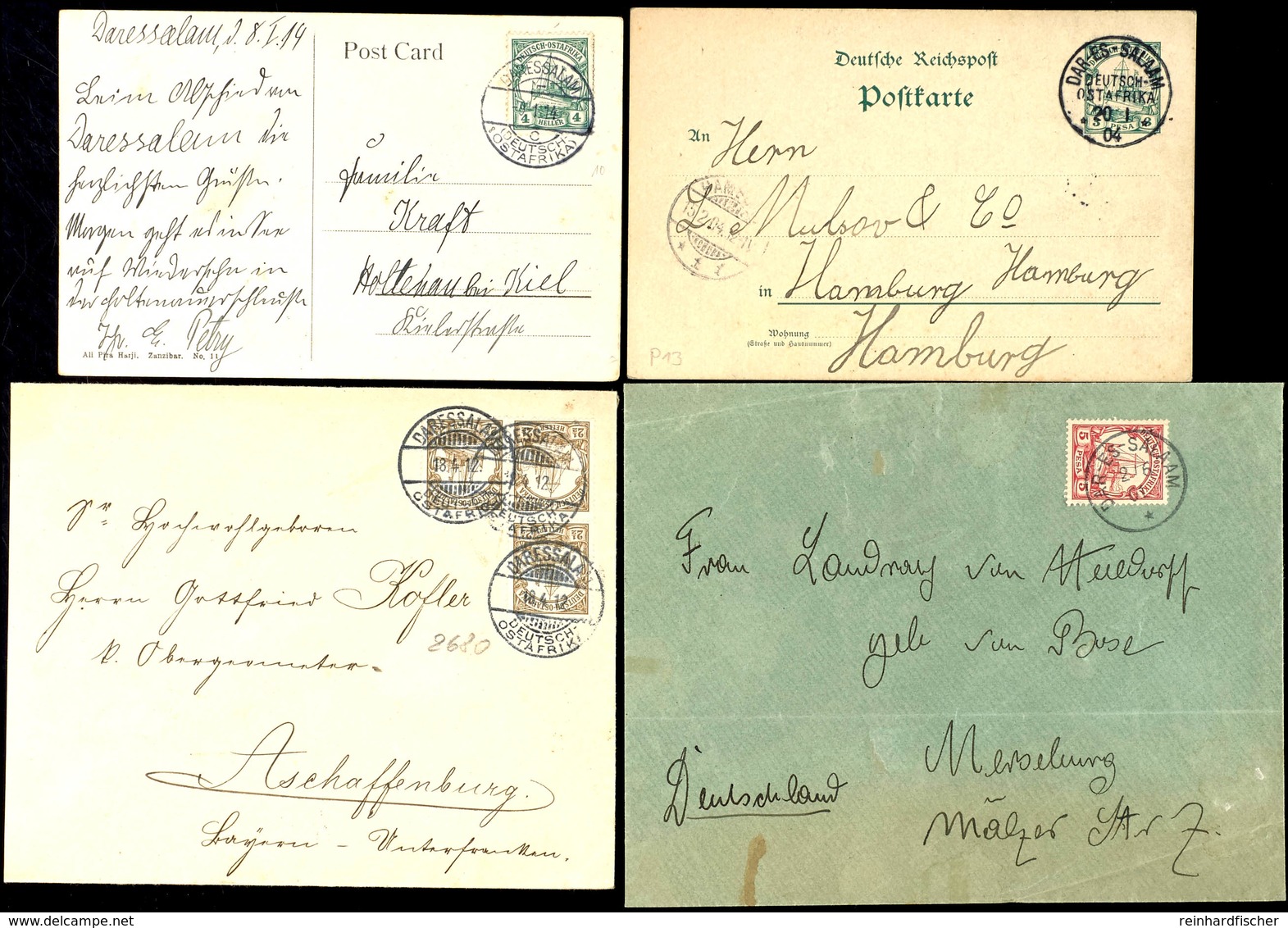 DAR-ES-SALAAM 1901/14, 2 Briefe Und 2 Karten Mit 4 Versch. Stempeln, Arge Nr. 2, 3, 4 Und 7, Katalog: 24,30,31,P1 3 BF - German East Africa