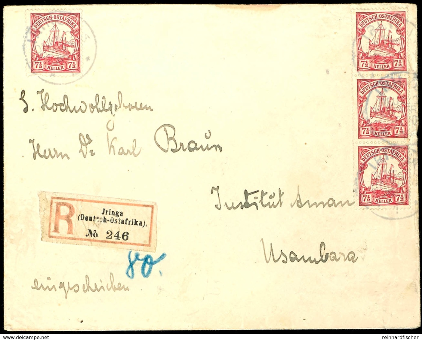 IRINGA 29 10 15, Kriegsdatum, Blaugrau, Je Auf 7½ H. Schiffszeichnung, Einzelmarke. Und Senkr. 3er-Streifen Auf R-Brief  - German East Africa