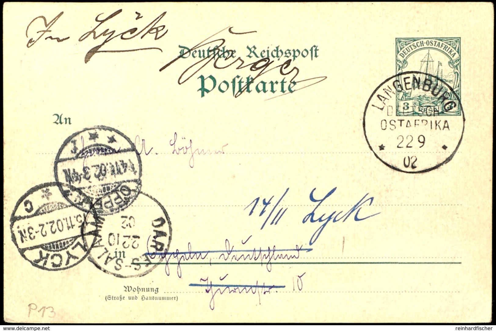 LANGENBURG DOA 22 9 02, Klar Auf GA-Karte 3 Pesa Nach Oppeln, Weitergeleitet Nach Lyck Mit Ank.stpl., Bedarf, Katalog: P - German East Africa