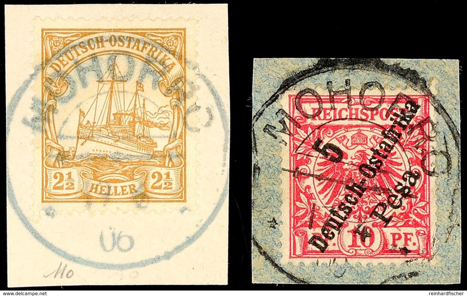 MOHORRO 17/4 00 Schwarz Und 19/6 06 Blau Auf Briefstück 5 Pesa Krone/Adler Bzw. 2½ Heller Schiffszeichnung, Katalog: 8,2 - Duits-Oost-Afrika