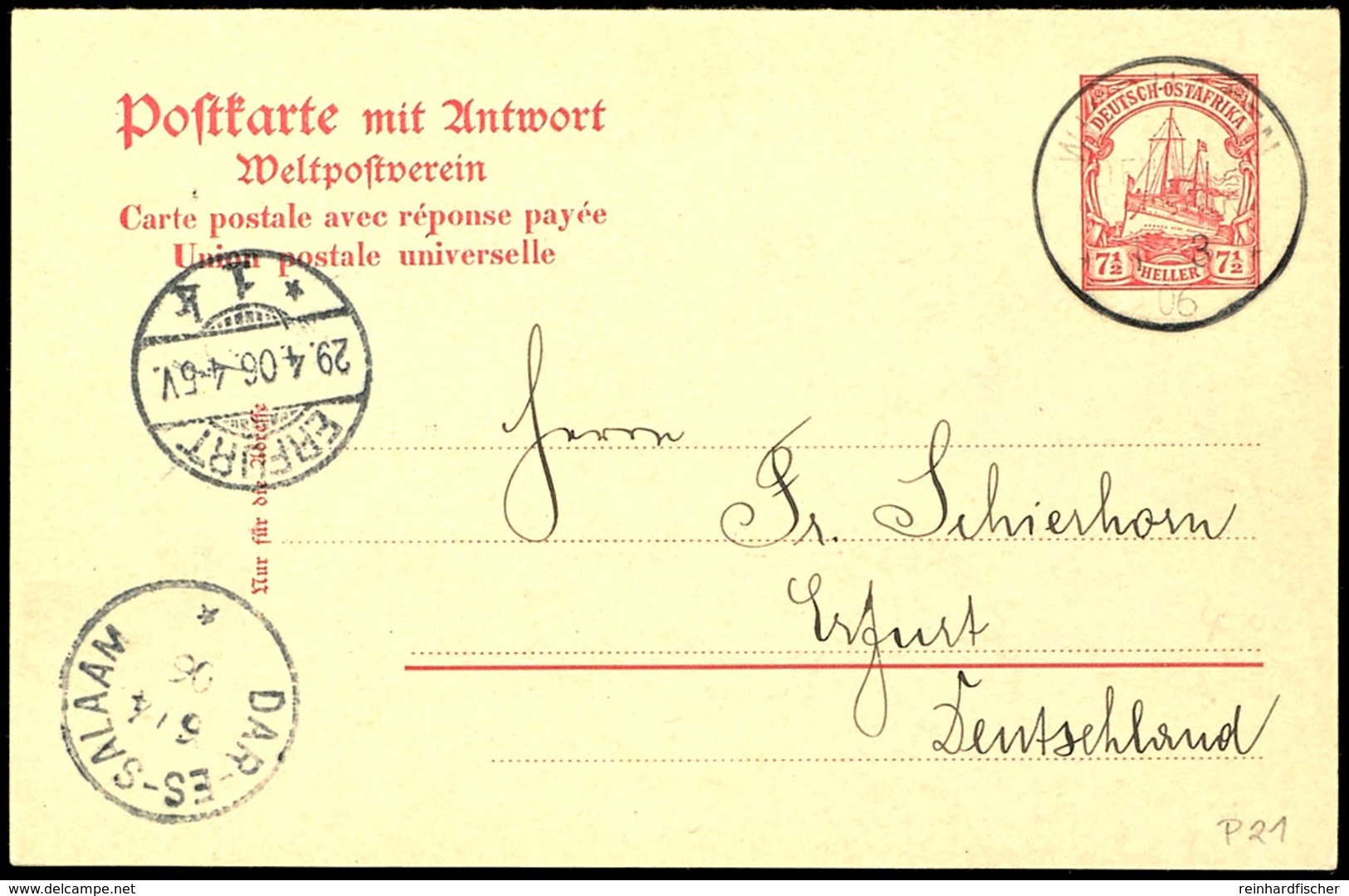 WIEDHAFEN 1/3 06 Zart Auf Antwort-Doppelkarte /½ Heller(ohne Inhalt) Nach Erfurt Mit  Ank.Stpl., Katalog: P21 BF - Duits-Oost-Afrika