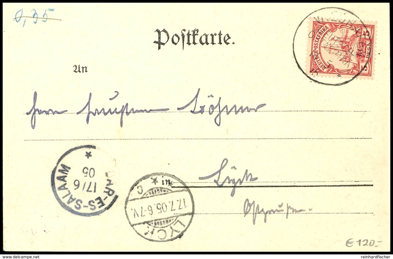 WIEDHAFEN Auf 5 Pesa Dunkelkarminrot Auf Postkarte, Entwertung, Durchgangsstempel "DAR-ES-SALAAM" Und Ankunftsstempel "L - German East Africa