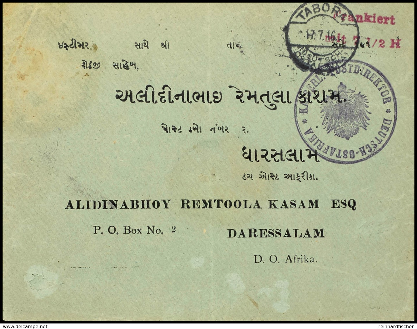 Vorausfrankatur Dienstsiegel "KAISERL. POSTDIREKTOR DEUTSCH-OSTAFRIKA" (Morogoro), L2 "Frankiert / Mit 7 1/2 H." Rotbrau - German East Africa