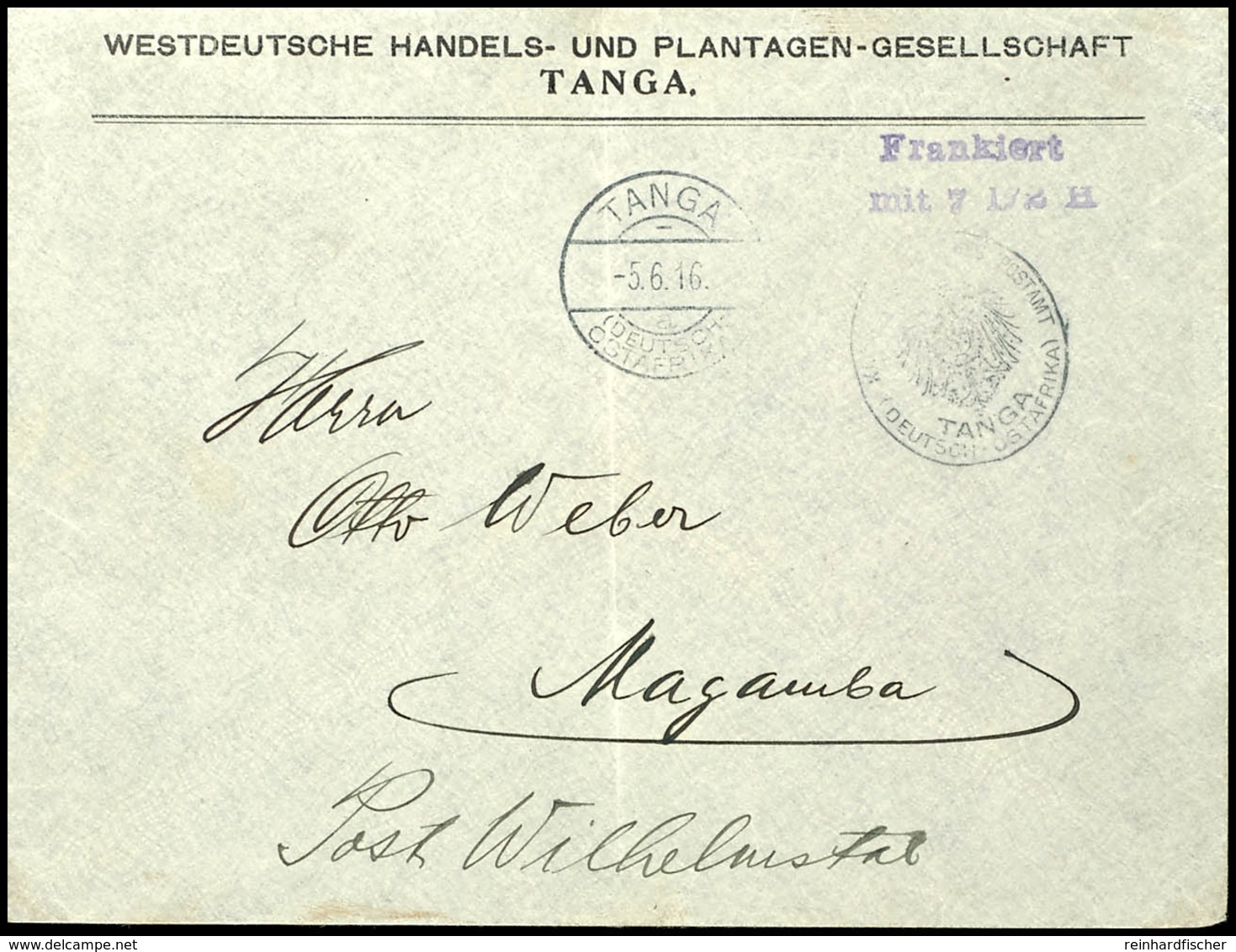 Vorausfrankatur Dienstsiegel "KAISERL. DEUTSCHES POSTAMT TANGA", L2 "Frankiert / Mit 7 1/2 H." Violett, Von KBS "TANGA 5 - German East Africa