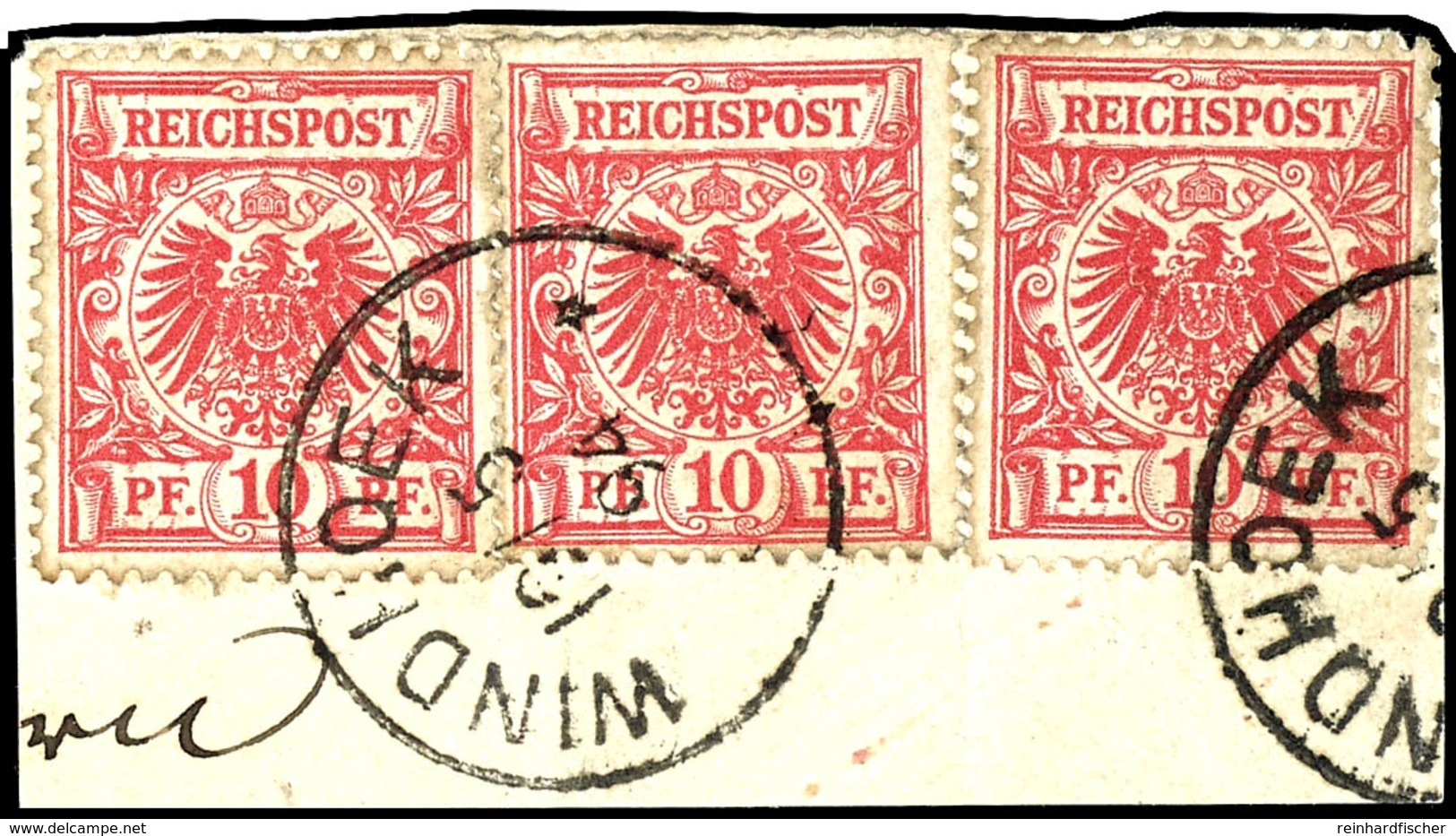 10 Pfennig Lebhaftrosarot, Drei Exemplare Auf Briefstück Mit Stempeln "WINDHOEK", Gute Erhaltung, Michel/Steuer 1140,-,  - Duits-Zuidwest-Afrika