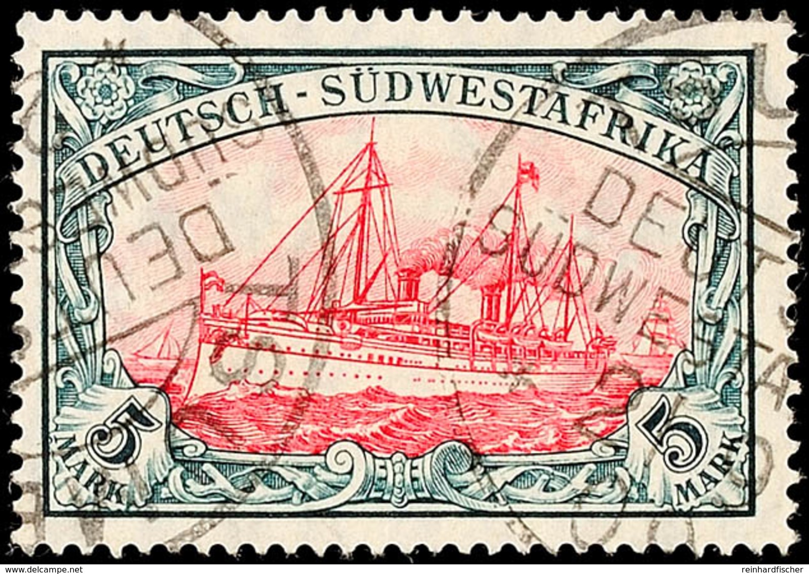 5 Mark Kaiseryacht Mit Wasserzeichen, Mittelstück Karmin, Gestempelt TSUMEB 21 9 09, Mi. 450.-, Katalog: 32Ab BS - Duits-Zuidwest-Afrika