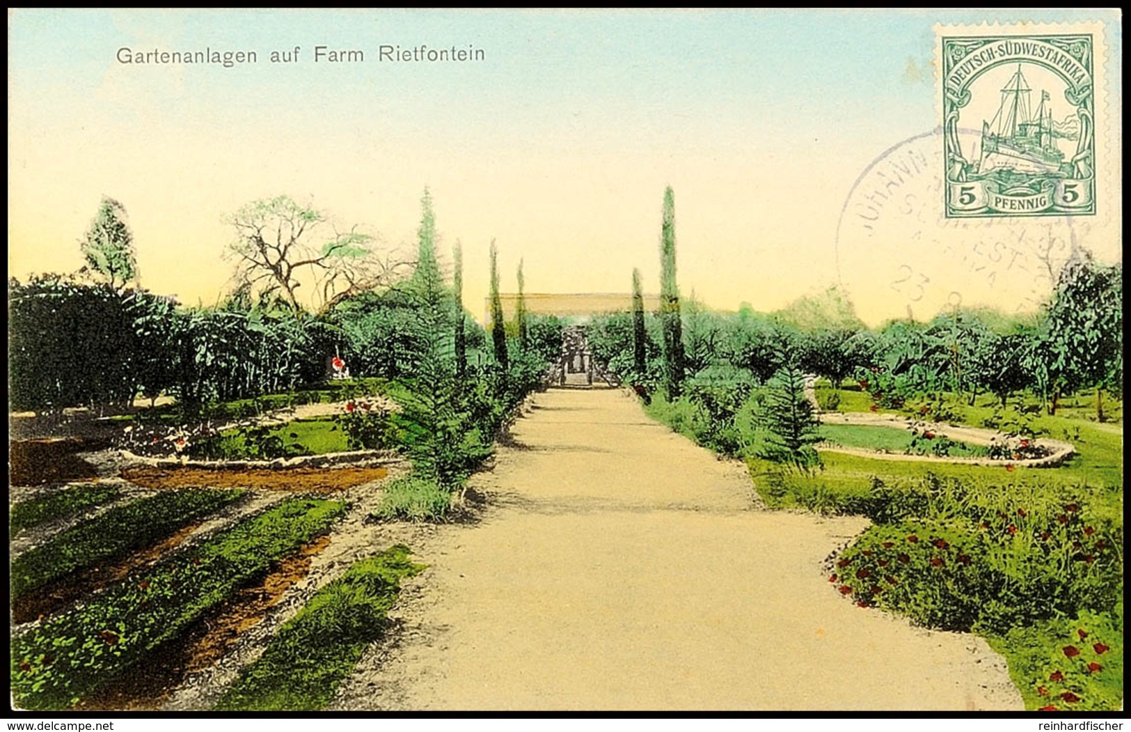 JOHANN-ALBRECHTSHÖHE 23/8 10 Klar Auf Farbiger Ansichtskarte Gartenanlagen Auf Farm Rietfontein Mit Vorderseitiger 5 Pfg - German South West Africa