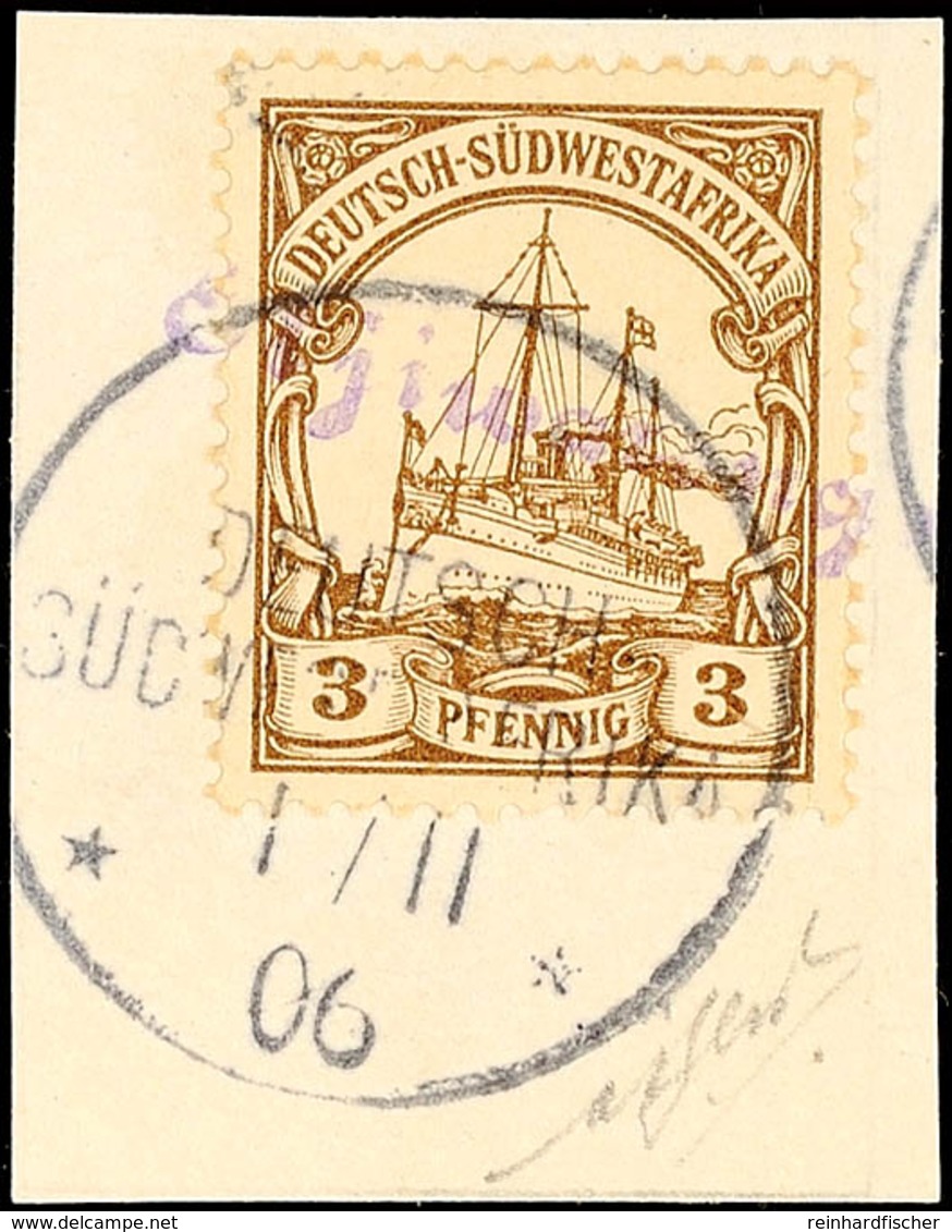 OTJIWARONGO, L1 Rundschrift Violett Mit Wanderstempel 1/11 06 Auf Briefstück 3 Pf. Kaiseryacht, Sign. Bloch, Katalog: 11 - Duits-Zuidwest-Afrika