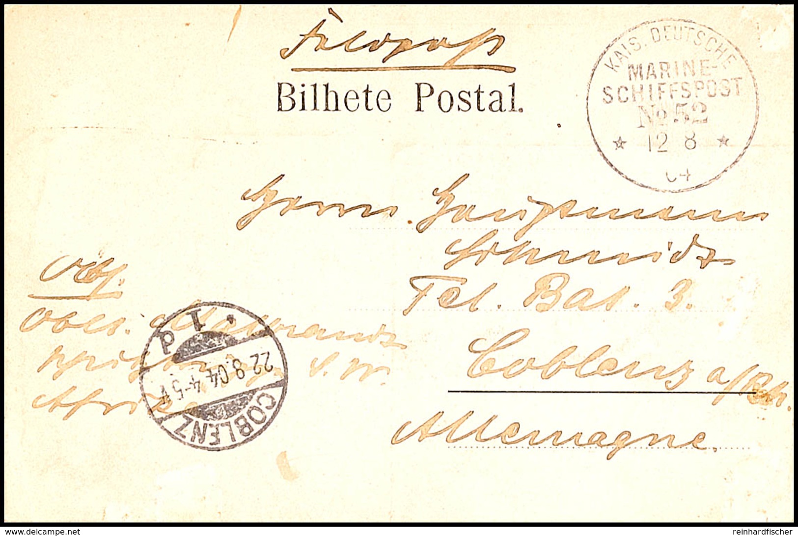 MSP No. 52 12.8.04 (D. Wittekind), Klar Auf Feldpost-AK "Funchal" Mit Text Nach Koblenz, Ak.-Stempel, Spuren  BF - Duits-Zuidwest-Afrika