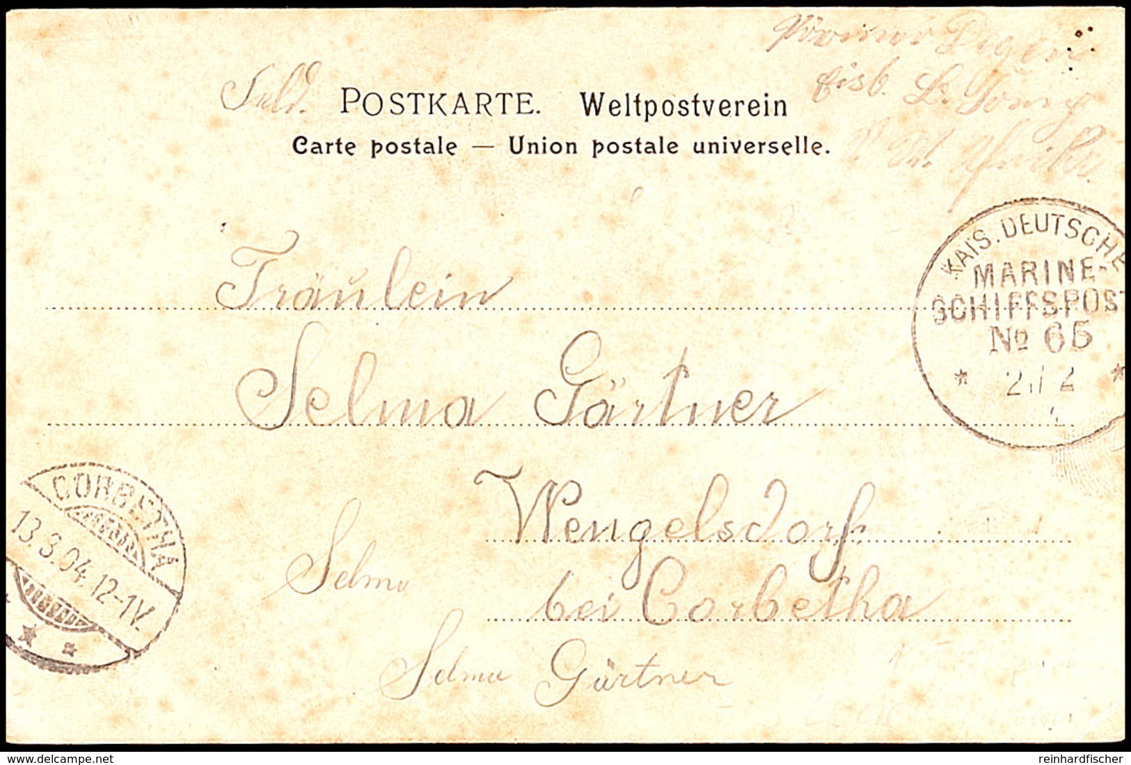 MSP No. 65 21.2.04 (D. Lucie Woermann), Klar Auf Feldpost-AK (Windhoek, Strasse) Mit Text Nach Deutschland, Ak.-Stempel, - Duits-Zuidwest-Afrika