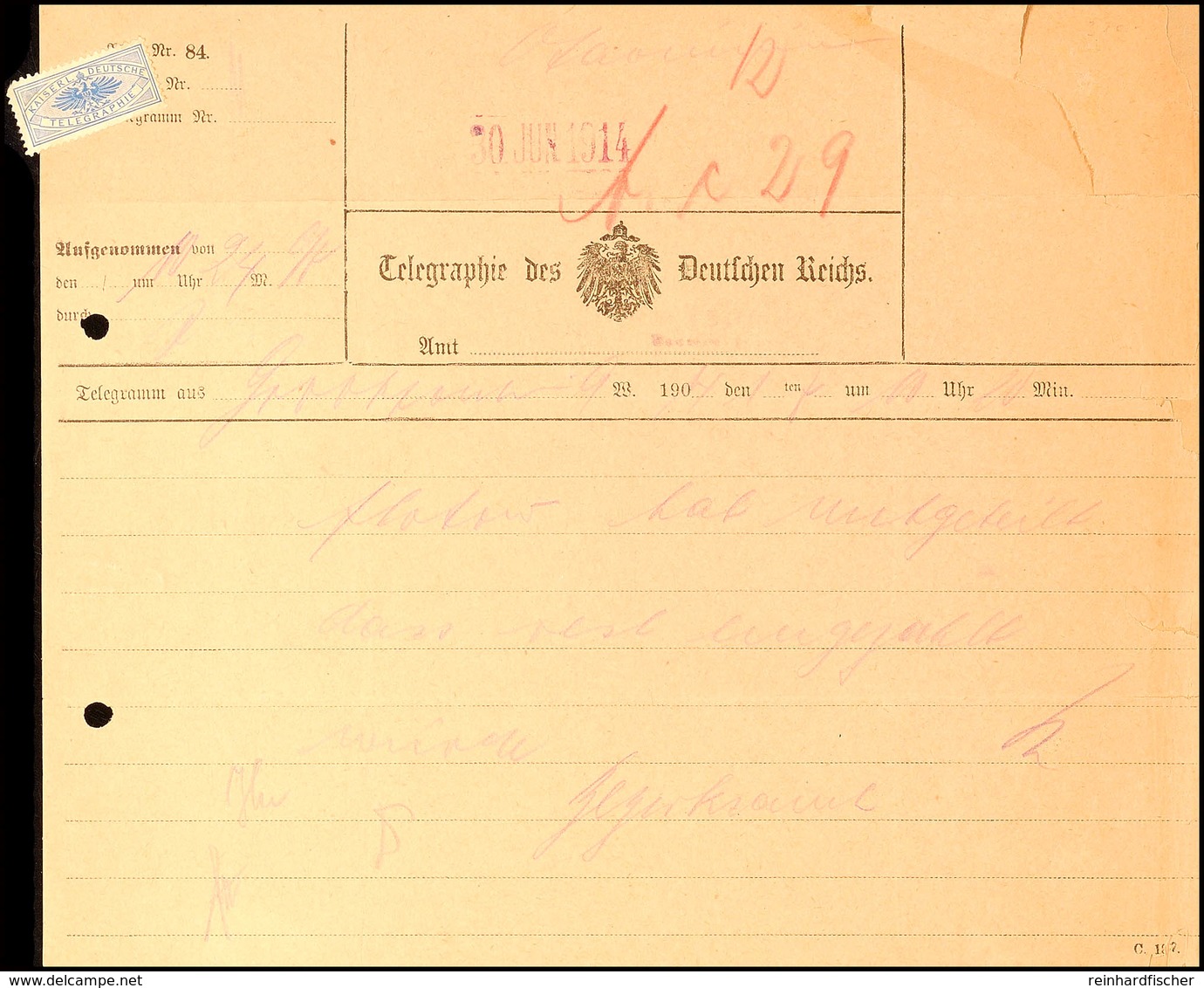 30.6.1914, Telegramm Von Grootfontein Nach Otavi, Gebrauchsspuren (Aktenlochung Und Verstärkter Rand)  BF - Duits-Zuidwest-Afrika
