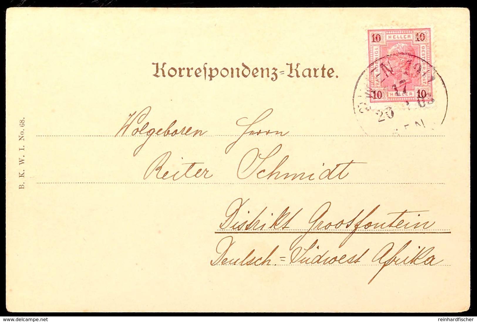 10 Heller Österreich Auf Ansichtskarte (Eckbug) Von WIEN 20.6.03 Nach Grootfontein, Katalog: ÖS 89 BF - Duits-Zuidwest-Afrika